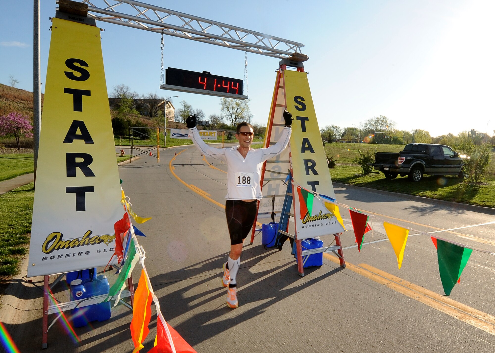 U.S. Air Force Maj. Ryan Wippler, 55th Medical Group, takes first place overall in the 2013 Runway Run held May 12.  Wippler finished the seven-mile run in 41 minutes, 44 seconds.  (U.S. Air Force photo by Josh Plueger/Released)