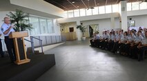 Chief Master Sgt. Michael Morris, 15th Operations Group chief, addresses 101 Community College of the Air Force graduates from Hickam at a ceremony at the Officer Club, Joint Base Pearl Harbor-Hickam, Hawaii, May 17, 2013.  During his address, Morris stressed the importance of the CCAF, and urged all the graduates to continue their education. (U.S. Air Force photo/Tech. Sgt. Jerome S. Tayborn)