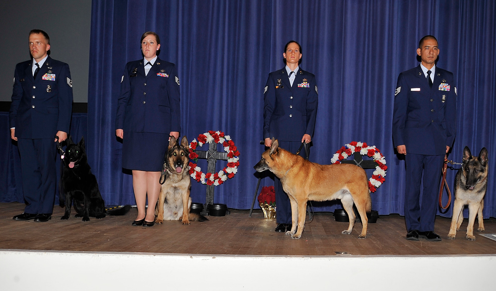 Four military working dogs were honorably discharged in a ceremony May 14 at the base auditorium. The total combined service time for military working dogs Asta, Endy, King and Paki total more than 41 years. (U.S. Air Force photo/Dennis Howk)