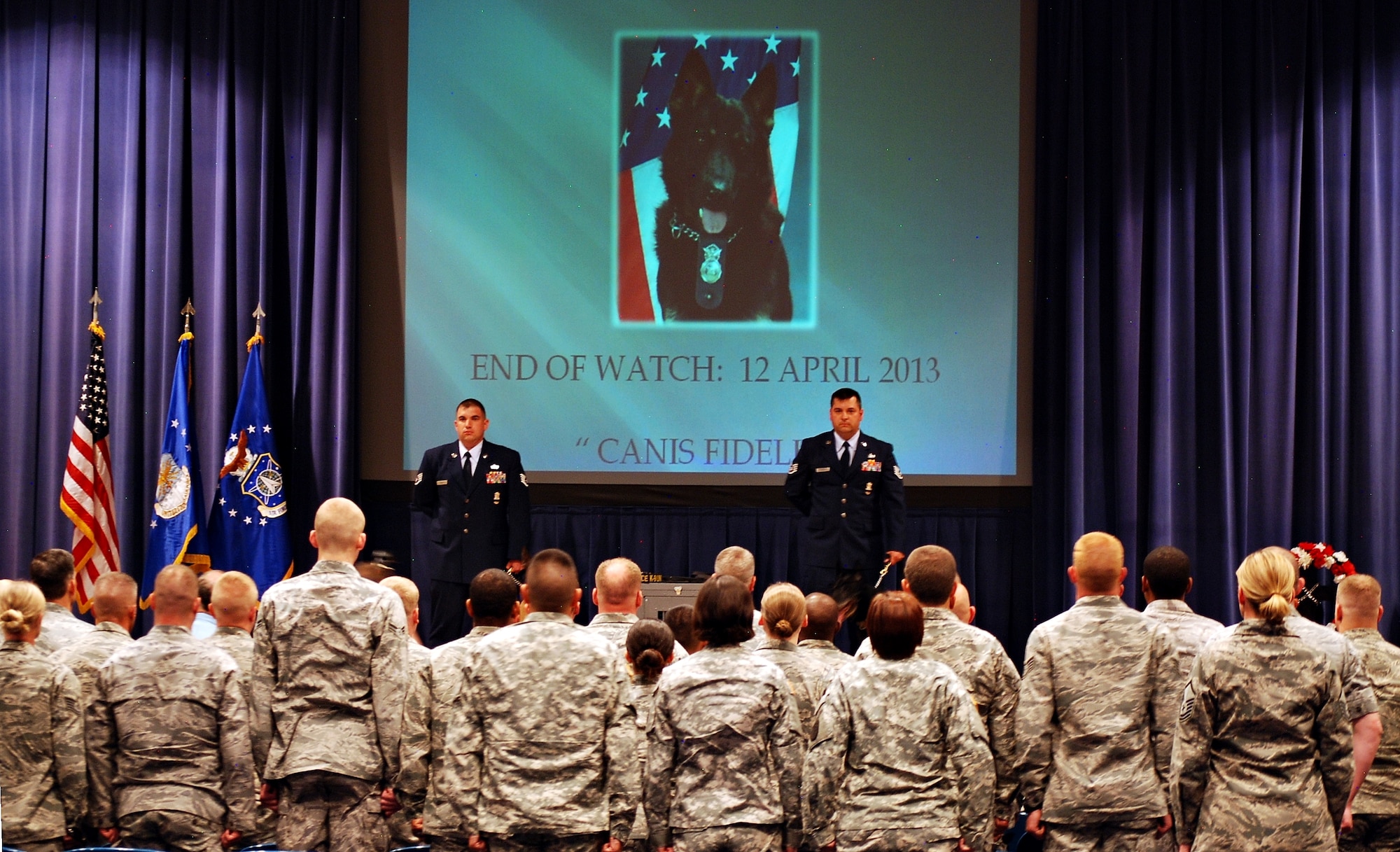 Service members and civilians in attendance at the base auditorium stand at attention as the final honors were given to Aio, military working dog with 21st Security Forces Squadron. Aio’s handler, Staff Sgt. Albert Collister, placed symbolic items including a dog bowl, collar, leash and other items into the empty kennel before closing the cage door. (U.S. Air Force photo/Michael Golembesky)