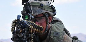 U.S. Army Spc. James Marsh, with 1st Battalion, 6th Infantry Regiment, 2nd Brigade Combat Team, 1st Armored Division, pulls security outside a tunnel at the Network Integration Evaluation 13.2, at White Sands Missile Range, N.M. (U.S. Army photo by Lt. Col. Deanna Bague/Released).

