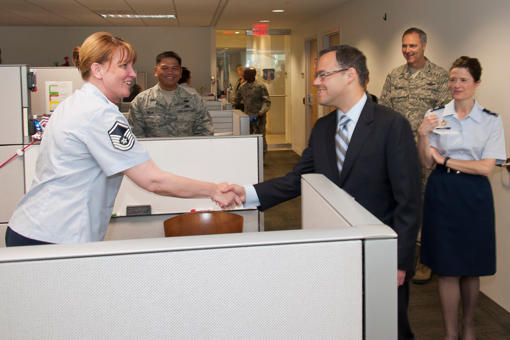 The Honorable Daniel B. Ginsberg, assistant secretary of the Air Force for Manpower and Reserve Affairs, greets Airmen at the Air National Guard Readiness Center, Joint Base Andrews, Md. During his visit Ginsberg met with personnel from various ANG directorates and learned about what Airmen and civilians at the ANGRC do every day to support the field. The ANGRC ensures ANG field units are properly resourced to train and equip in support of the state and federal missions across the entire spectrum of military operations and provide support sustaining ANG Airmen throughout their careers. (Air National Guard photo by Master Sgt. Marvin Preston/RELEASED)