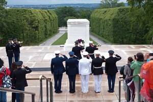 Marine Corps Sgt. Maj. Bryan B. Battaglia, senior enlisted advisor to the chairman of the Joint Chiefs of Staff, joins the services' senior enlisted advisors in paying respects during an Armed Forces Day wreath-laying ceremony at the Tomb of the Unknowns in Arlington National Cemetery in Arlington, Va., May 18, 2013. (DOD photo by Sooney Vega/Released)  

