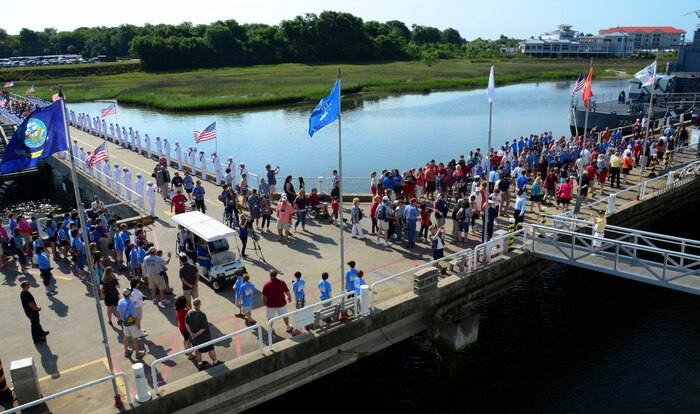 Families and students gather for the final reunion of the remaining crewmembers of the USS Franklin (CV 13) May 17, 2013, at Patriots Point Naval and Maritime Museum, Mount Pleasant, S.C. The Franklin participated in Pacific Theater operations during World War II and was in service from 1944 to 1945. The ship is best known for the attack that took place March 19, 1945, when two Japanese bombs struck the ship. It is estimated that more than 800 individuals were killed and nearly 500 wounded. (U.S. Air Force photo/Staff Sgt. Anthony Hyatt)