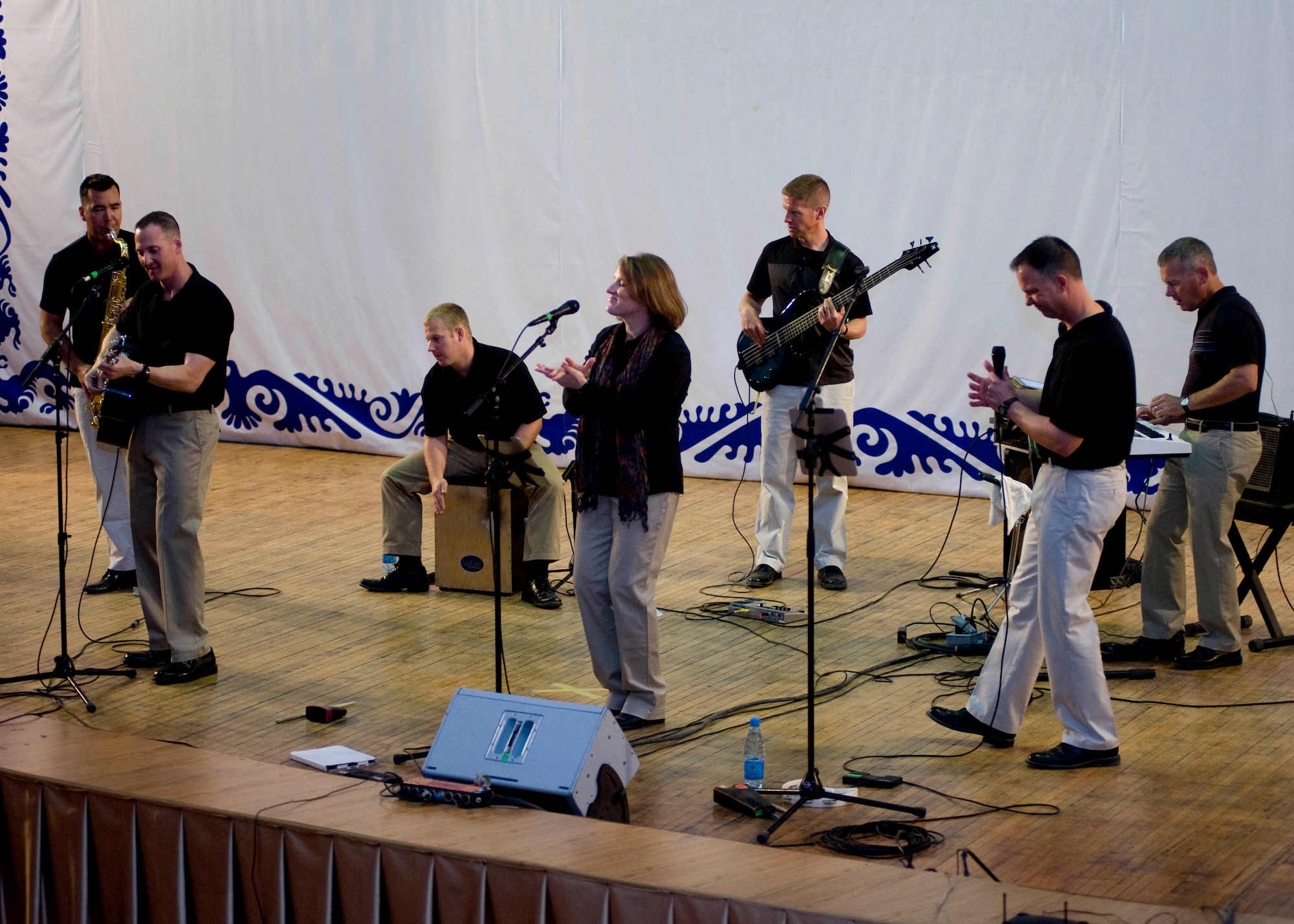 Vector, the U.S. Air Forces Central Command band, performs for more than 100 students at the Bishkek Humanities University May 2, 2013, in Bishkek, Kyrgyzstan. The band members are deployed from The Air Force Band at Joint Base Anacostia-Bolling, Washington, D.C. (U.S. Air Force photo/Staff Sgt. Stephanie Rubi)
