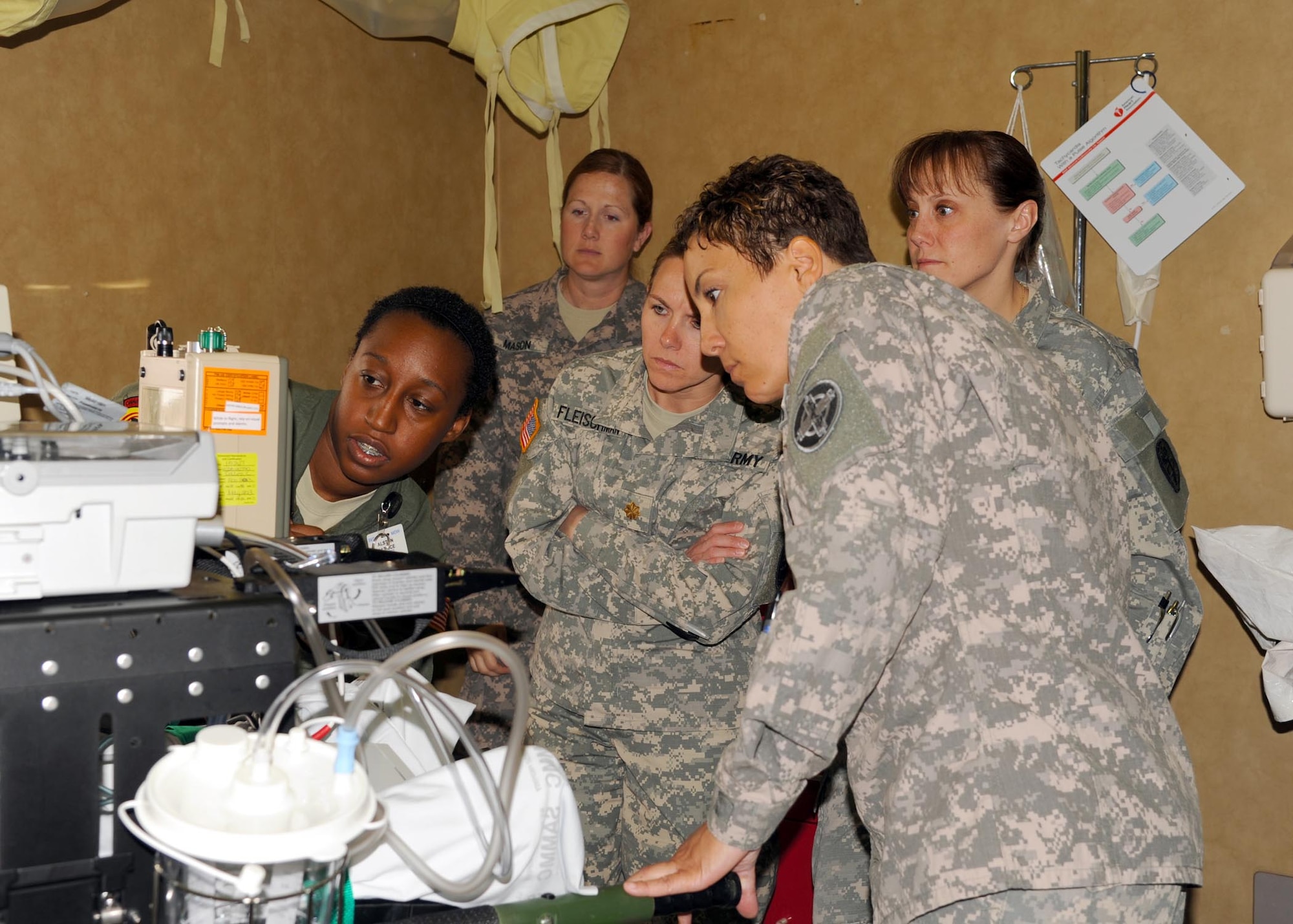 Staff Sgt. Patrice Alston (left) provides Critical Care Air transport Team training to U.S. Army medical staff from the 28th Combat Support Hospital, Fort Bragg, N.C., and the 48th CSH, Fort George Meade, Md., April 24. The training is part of the pre-deployment Battlefield Nursing Course held at Wilford Hall Ambulatory Surgical Center, Joint Base San Antonio- Lackland Air Force Base, Texas. The course is designed to teach current trauma care concepts to U.S. Air Force, Army, Navy nurses and technicians, as well as foreign nationals. The majority of participants are reservists. Alston is a respiratory therapist with the 59th Medical Operations Squadron at JBSA-Lackland. (U.S. Air Force photo/Senior Airman Courtney Moses)