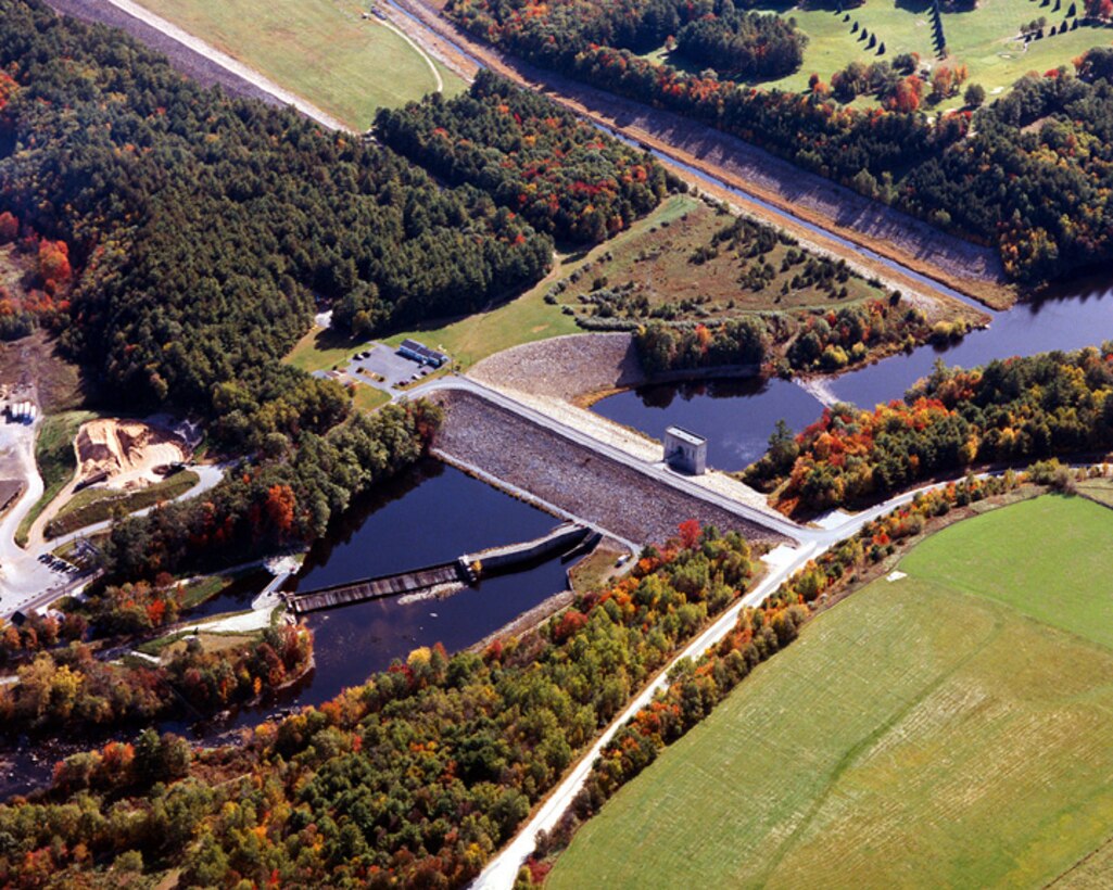 Aerial view of the U.S. Army Corps of Engineer's Hopkinton Dam on the Contoocook River, which enters the Merrimack River at Penacook, New Hampshire.