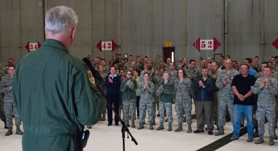Col. Paul Hutchinson, Commander, 157th Air Refueling Wing, announces that Pease Air National Guard Base has been selected as the preferred location for the Air Force’s next generation tanker aircraft, the KC-46A, Pease Air National Guard Base, N.H.,  May 22, 2013.  (U.S. Air National Guard photo by Tech. Sgt. Aaron Vezeau/Released)