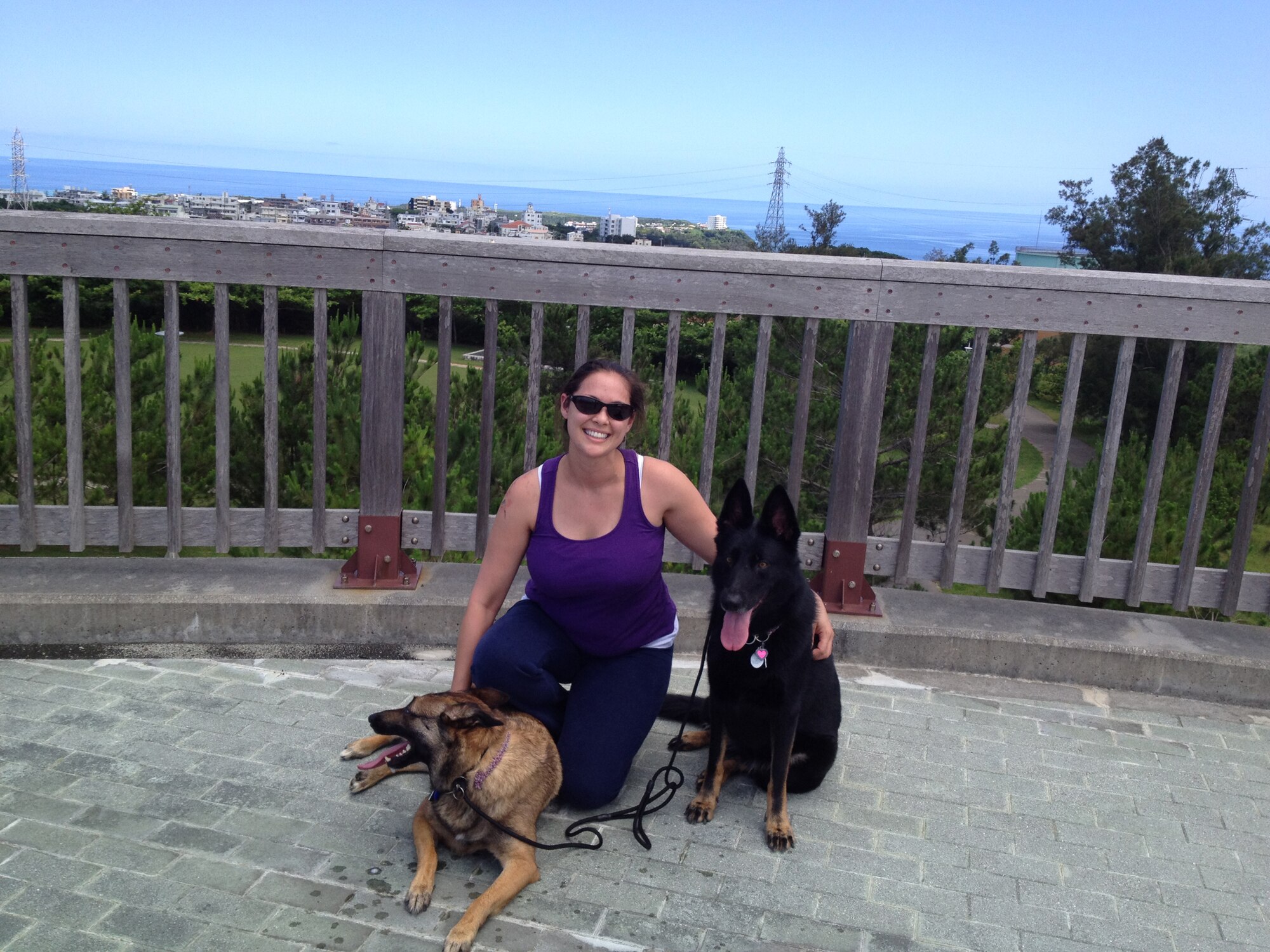 Capt. Lisa Kostellic, 403rd Mission Support Group executive officer, poses for a photo with her 2 dogs, Daytona and Tampa, May, 2012, in Okinawa, Japan.  Kostellic, who served three years on active duty as a public affairs officer at Keesler during Hurricane Katrina, is familiar with what it takes to include her furry friends into her hurricane preparation plans and assembling a pet emergency kit.  (Courtesy photo)