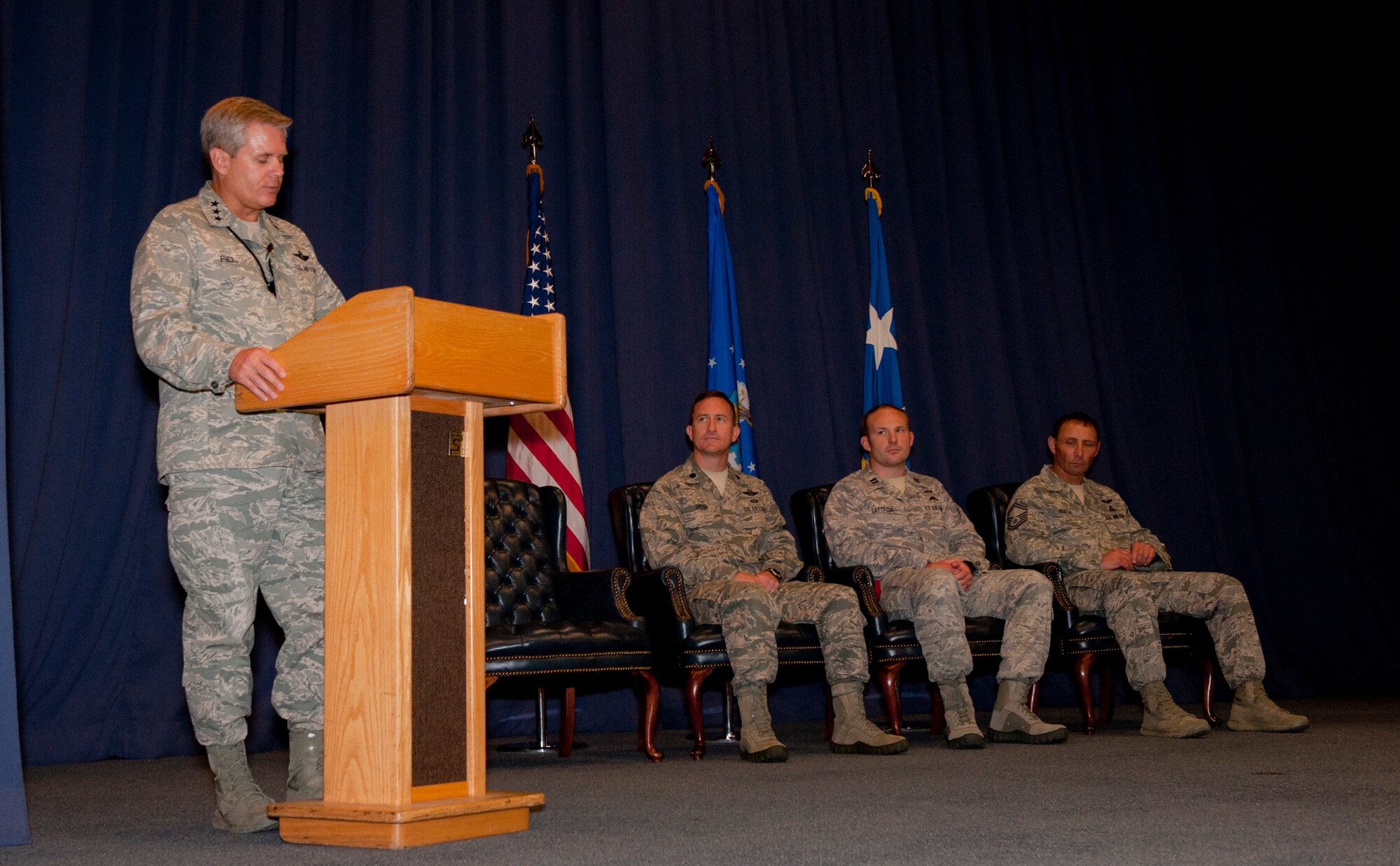 Lt. Gen. Eric Fiel, commander of Air Force Special Operations Command, speaks at the Sijan awards presentation at the King Auditorium on Hurlburt Field, Fla., May 22, 2013. The Lance P. Sijan Award, first awarded in 1981, was established in honor of the first U.S. Air Force Academy graduate to receive the Medal of Honor. (U.S. Air Force photo by Senior Airman Krystal M. Garrett)