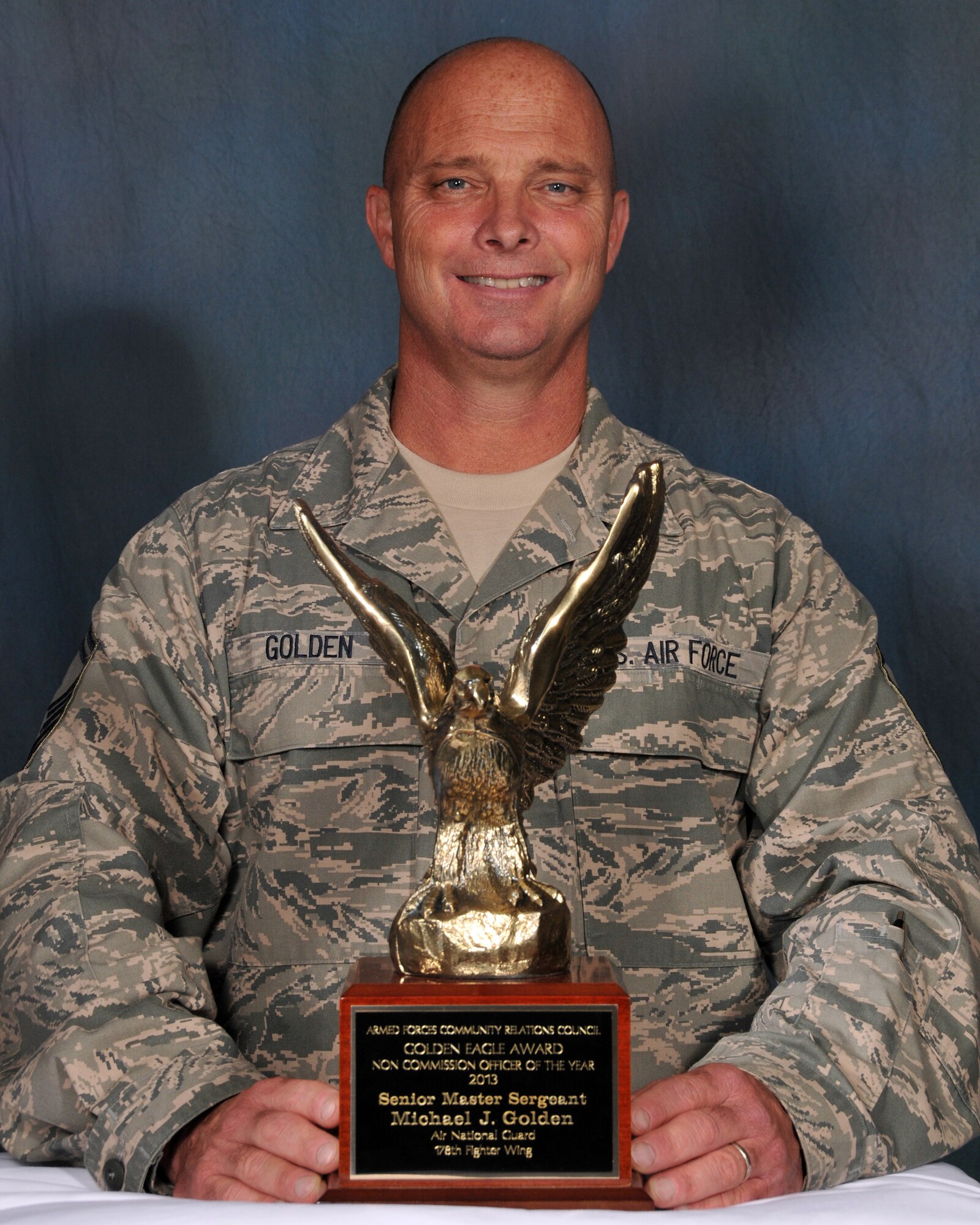 The Armed Forces Community Relations Council presented Senior Master Sgt. Michael Golden the Golden Eagle award during their annual awards ceremony, May 17, at the Villa Milano Banquet and Conference Center in Columbus, Ohio, for his numerous accomplishments while serving as a 178th Fighter Wing chaplain’s assistant.