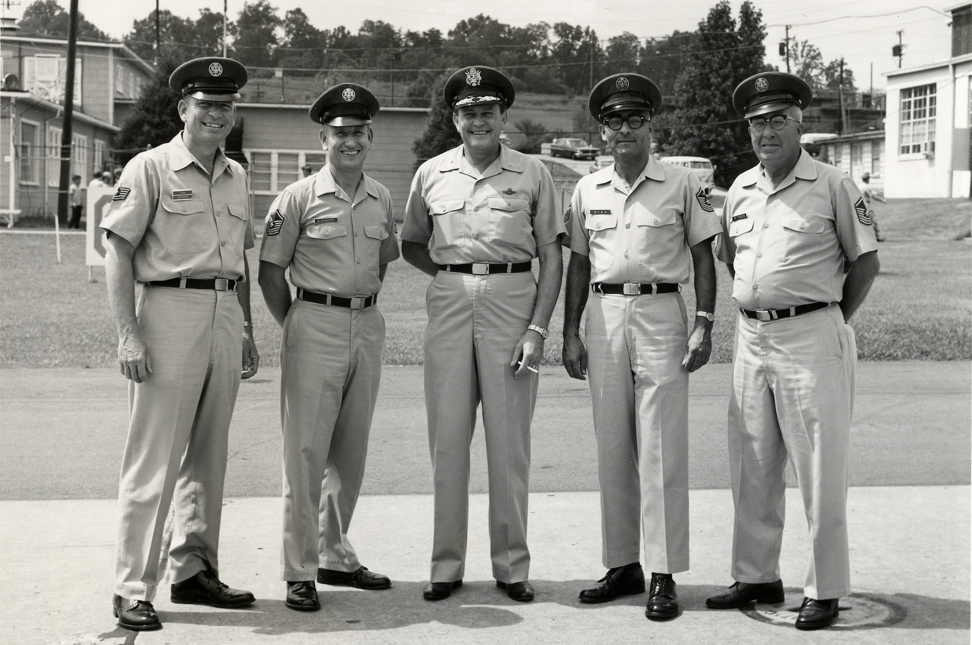 MCGHEE TYSON AIR NATIONAL GUARD BASE, Tenn. – The first instructors of the Air National Guard Noncommissioned Officers Academy in 1968 get their photo taken with U.S. Air Force Maj. Gen. I.G. Brown, then Director of the Air National Guard. From left, U.S. Air Force Tech. Sgt. Sheridan J. Lloyd, Senior Master Sgt. Robert Alexander, Maj. Gen. I.G. Brown, Senior Master Sgt. Joseph Diaz and Senior Master Sgt. Donald Pettirew at their ranks shown. NCO Academy was the I.G. Brown Training and Education Center’s first program of instruction. The TEC was later dedicated to Brown during its 10th anniversary celebration, June 1978. (U.S. Air National Guard file-photo/Released)