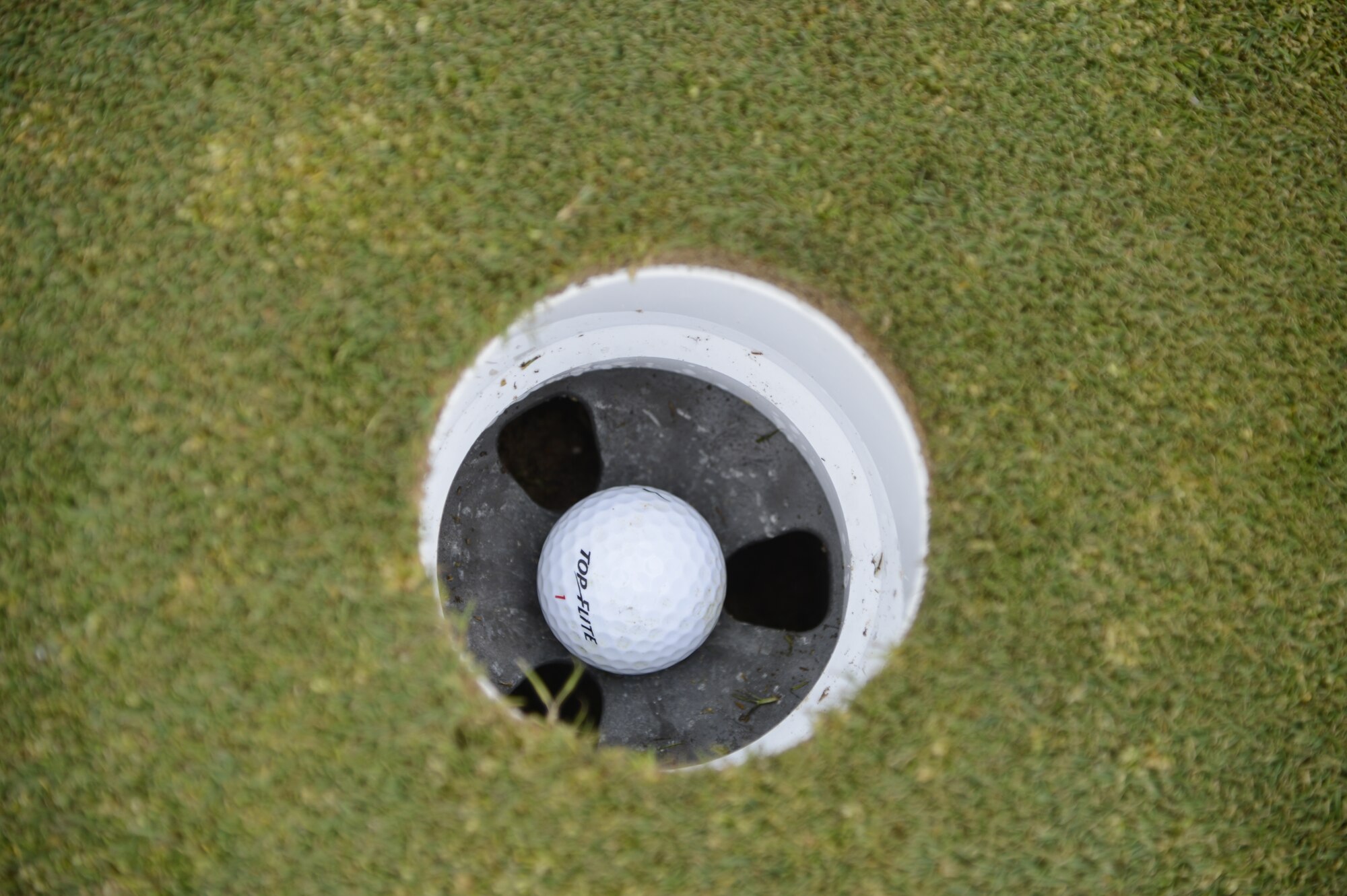 A golf ball belonging to a participant in the 2013 Bluesuiters Golf Tournament sits in the bottom of the cup after being putted-in at the 13th green of Jonathon's Landing Golf Course, near Dover Air Force Base, Del. on May 15th, 2013. Key military leaders from Dover AFB were paired with local civic and business leaders for the Bluesuiters Golf Tournament as part of Dover's robust community outreach program. (U.S. Air Force photo/Greg L. Davis)