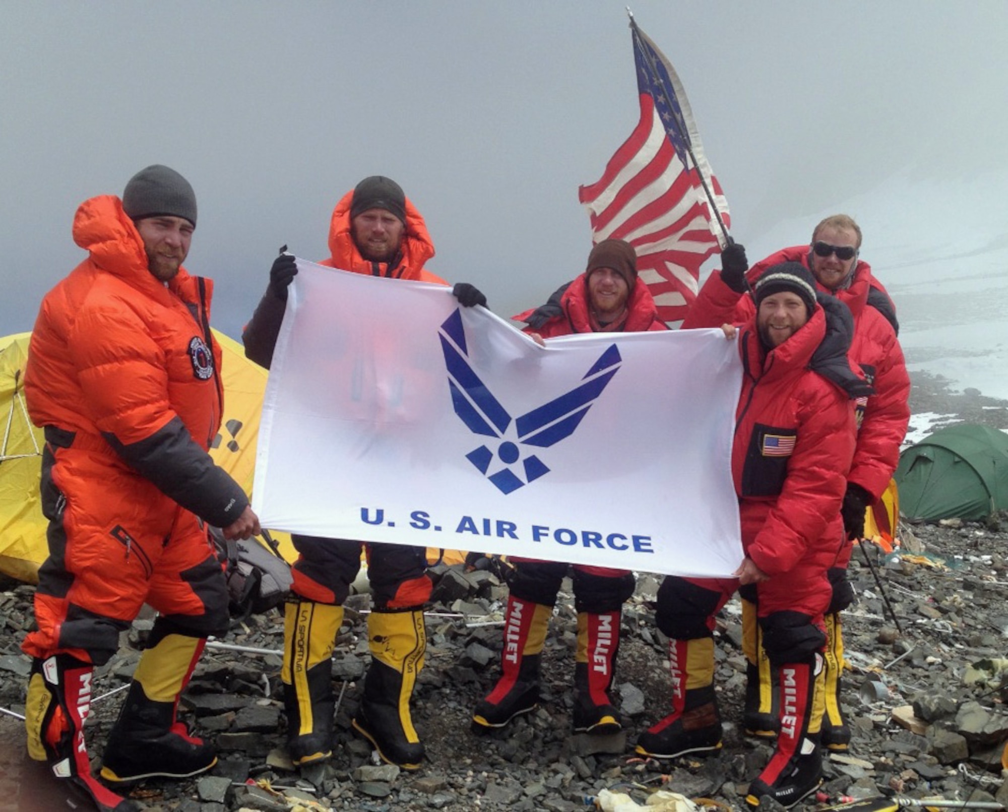 Airmen with the Air Force Seven Summits Team pose for a group photo at Camp 4 along the South Col of Mount Everest in Nepal May 19, 2013. The camp sits more than 26,000 feet above sea level. (U.S. Air Force photo)