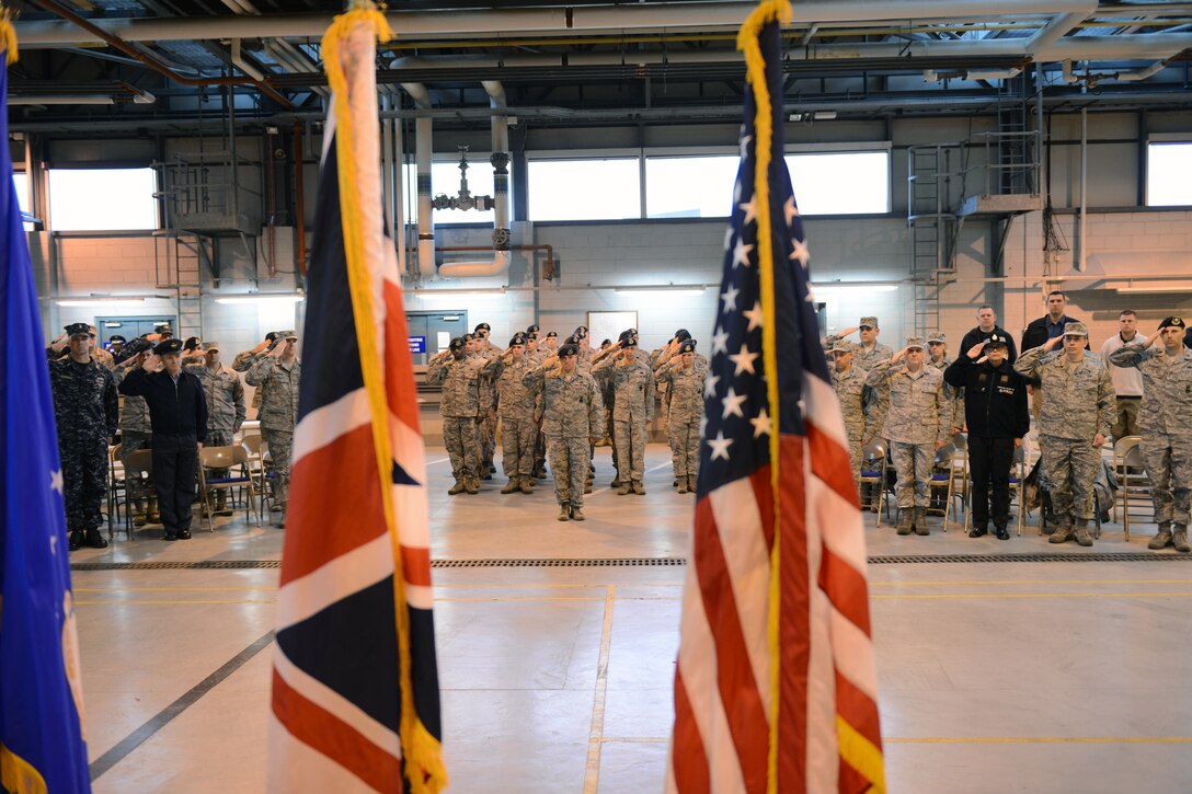 RAF ALCONBURY, United Kingdom – Members of the 423rd Security Forces Squadron in a retreat ceremony May 17 at RAF Alconbury in honor of Police Week. Security forces squadrons across the 501st Combat Support Wing celebrated National Police Week from May 13 to 18 with events and ceremonies honoring the security forces Airmen, Air Force Office of Special Investigations agents, Ministry of Defense police officers and all other law enforcement officers throughout the world who have made the ultimate sacrifice for their countries. (U.S. Air Force photo by Tech. Sgt. Chrissy Best)