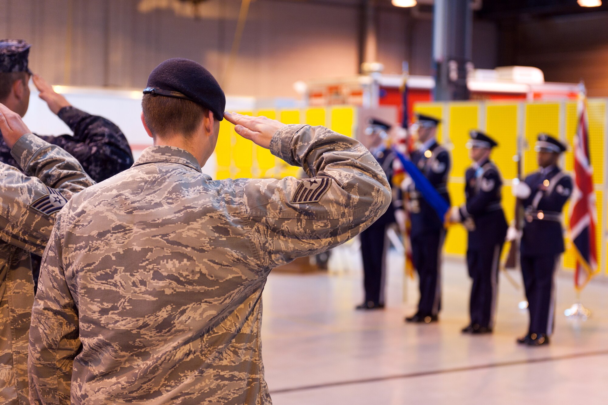 RAF ALCONBURY, United Kingdom – Members of the 423rd Security Forces Squadron in a retreat ceremony May 17 at RAF Alconbury in honor of Police Week. Security forces squadrons across the 501st Combat Support Wing celebrated National Police Week from May 13 to 18 with events and ceremonies honoring the security forces Airmen, Air Force Office of Special Investigations agents, Ministry of Defense police officers and all other law enforcement officers throughout the world who have made the ultimate sacrifice for their countries. (U.S. Air Force photo by Staff Sgt. Brian Stives)