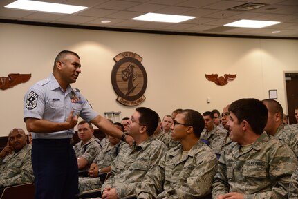 Chief Master Sgt. Gerardo Tapia, Air Education and Training Command command
chief, speaks to the 12th Flying Training Wing enlisted members during a
visit to the 12th Flying Training Wing at Joint Base San Antonio-Randolph,
Texas, May 20, 2013. (U.S. Air Force photo by Joel Martinez)
