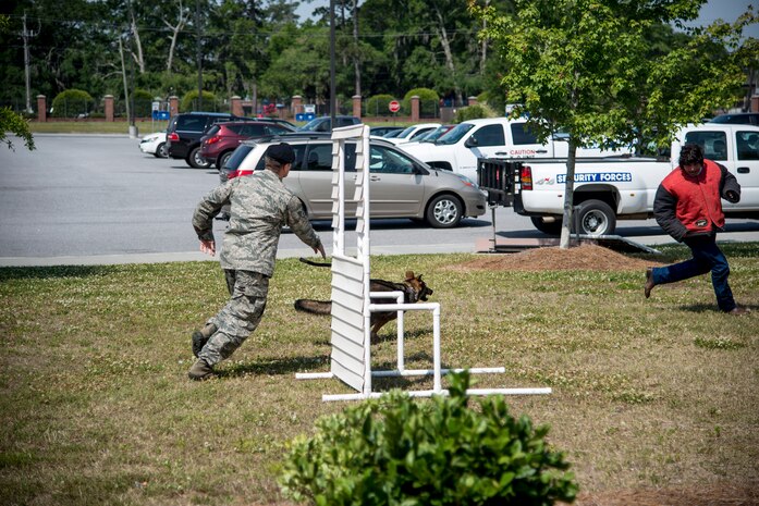 Staff Sgt. Kyle Shaughnessy (left), 628th Security Forces Squadron military working dog handler and MWD Jaga, chase Staff Sgt. Jonathan Garrett, 628th SFS military working dog handler, during a canine demonstration May 16, 2013, at Joint Base Charleston - Air Base, S.C. The 628th Security Forces Squadron hosted events including the "Guns and Hoses" fitness challenge, a shooting competition, chili cook-off and a retreat ceremony. National Police Week recognizes the services and sacrifices of U.S. law enforcement personnel. (U.S. Air Force photo/Staff Sgt. Rasheen Douglas)