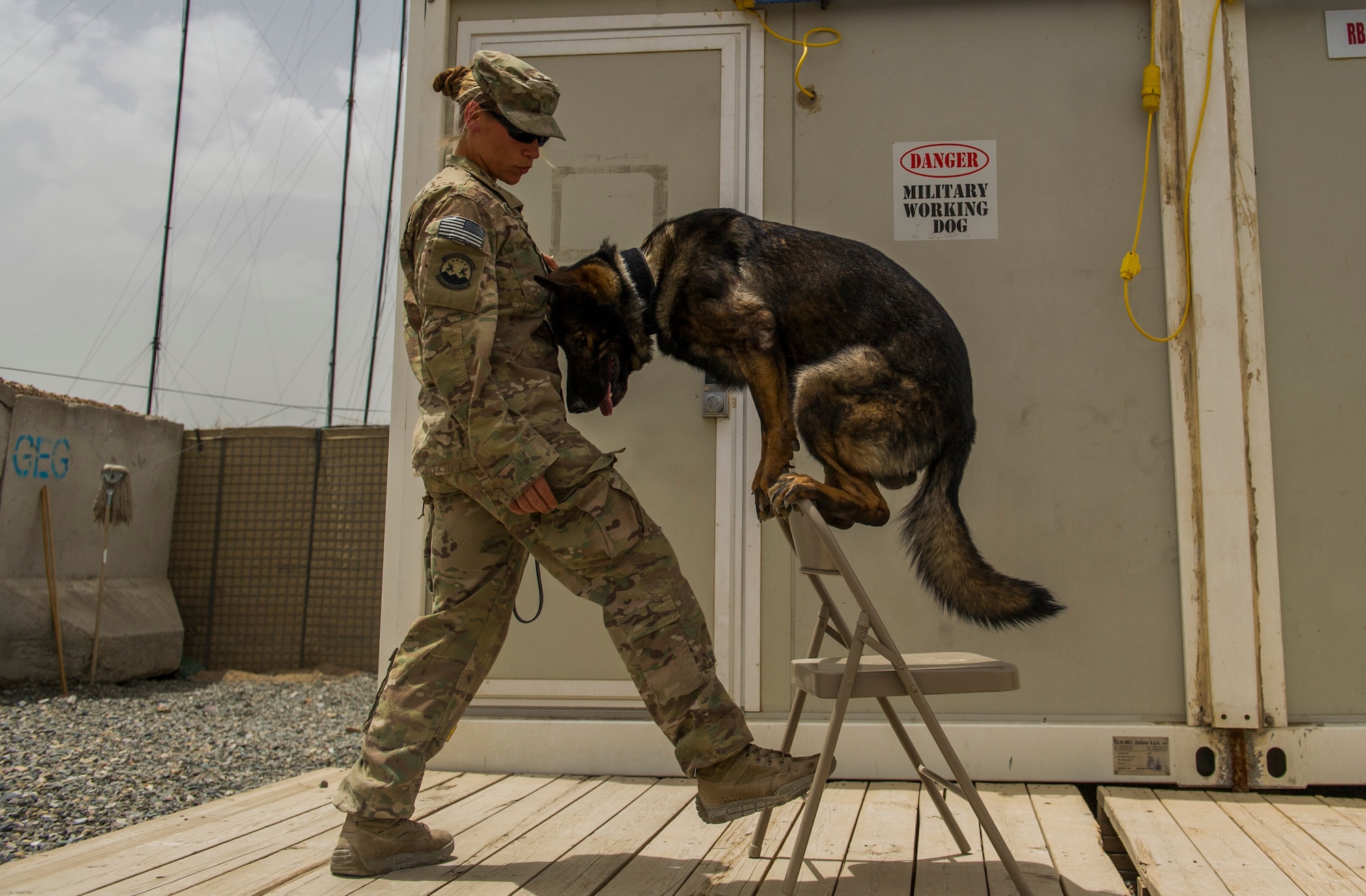 U.S. Air Force Staff Sgt. Jessie Johnson, 3rd Infantry Division military working dog handler, practices placement training with her dog, Chrach, at Forward Operation Base Pasab, Afghanistan, April 24, 2013,. Chrach is trained to detect the odor of explosives. Johnson, a native of Reading, Pa., has been a MWD handler for four years and is deployed from Luke Air Force Base, Ariz. (U.S. Air Force photo/Staff Sgt. Marleah Miller)