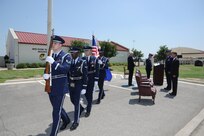 The Joint Base San Antonio-Randolph Honor Guard posts the colors at the dedication of  Jahns Hall, building 39 at JBSA-Randolph, May 17, 2013. Maj. Peter "Oly" Jahns, a former T-38 instructor pilot, died in a crash March 19, 2003, during a routine training flight at Randolph. (Air Force photo by Richard McFadden)
