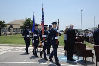 The Joint Base San Antonio-Randolph Honor Guard posts the colors at the dedication of  Jahns Hall, building 39 at JBSA-Randolph, May 17, 2013. Maj. Peter "Oly" Jahns, a former T-38 instructor pilot, died in a crash March 19, 2003, during a routine training flight at Randolph. (Air Force photo by Richard McFadden)