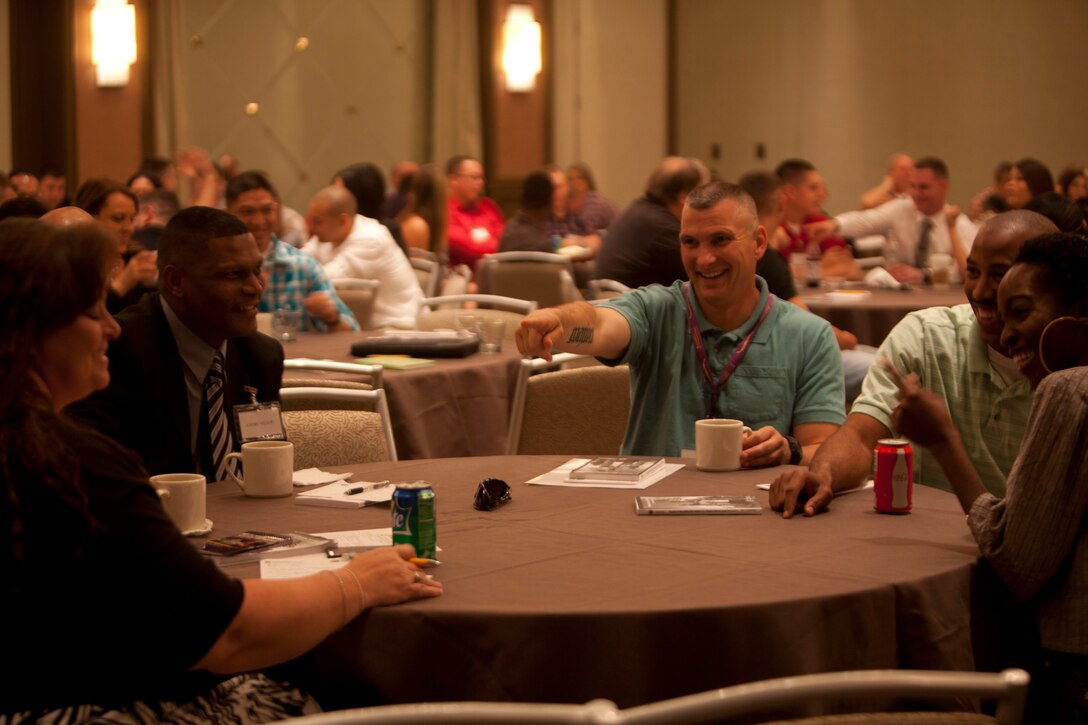Master Sgt. Stanley J. Lewandowski, detachment non-commissioned officer in charge of the Personnel Retrieval and Processing Company, Headquarters and Service Bn., 4th MLG, points to his table’s team leader during a group communication activity at the 4th MLG’s 2013 Yellow Ribbon Reintegration Program Conference, May 18. Marines and their families attended workshops on effective communication within the civilian workforce and in military marriages. 