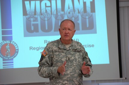 Maj. Gen. Donald Goldhorn, the adjutant general of Guam, speaks with combined working group representatives from local, federal, military and civilian agencies at the Guam National Guard Barrigada Complex Sept. 12 in the opening tabletop exercise of Vigilant Guard Guam. Vigilant Guard Guam is a multi-day National Guard homeland defense series of exercises designed to enhance the Guard's capabilities and abilities to support to civil authorities in an emergency.