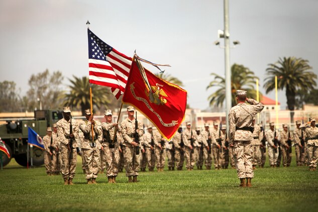 Combat Logistics Regiment 17’s color guard presents the colors during the regiment’s relinquishing of command ceremony aboard Camp Pendleton, Calif., May 22, 2013. Colonel Erik B. Kraft will assume command of the regiment for Col. James W. Clark. (U.S. Marine Corps photo by Cpl. Laura Gauna/Released)