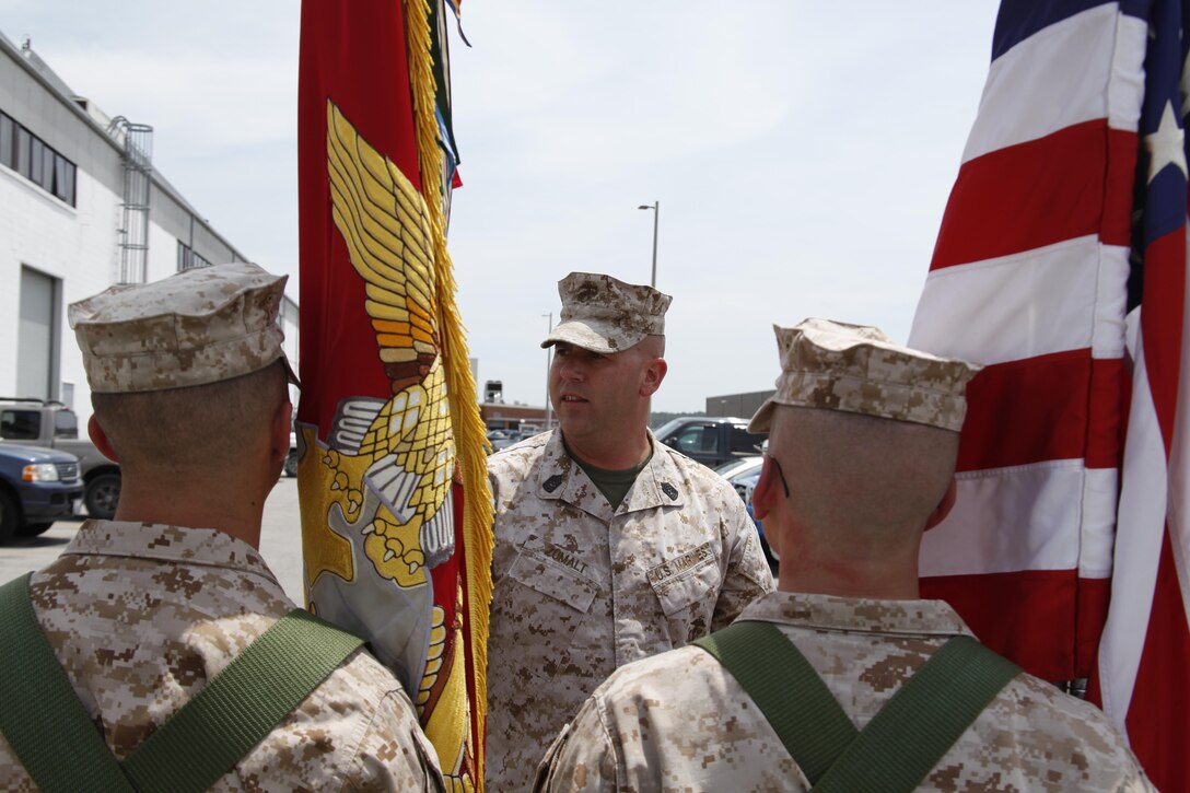 Master Sgt. Carson Zumalt, 2nd Marine Aircraft Wing inspector general chief, speaks with the Marine Tactical Electronic Warfare Squadron 2 color guard before its evaluation on Cherry Point May 16. The Inspector General’s office creates a report to give the commanding general a clear picture of operational readiness within the wing.