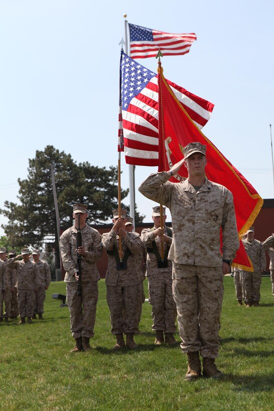 Staff Sgt. Alec Haralovich renders a salute before he is awarded the 2013 Gunnery Sgt. John Basilone Award for Courage and Commitment here, May 19, 2013. Haralovich earned the distinction for honoring the memory of Gunnery Sgt. John Basilone and upholding the ultimate attribute of what it means to be a United States Marine. His selfless service to the Marine Corps, his Marines and heroic exploits during a 2011 deployment to Afghanistan also earned him the Silver Star Medal. Harolovich is currently assigned to Company E, 4th Reconnaissance Battalion, 4th Marine Division, Marine Forces Reserve. Haralovich left promptly after the ceremony to begin a nearly year-long deployment to train foreign forces overseas in the coming months. Haralovich is a Reserve Reconnaissance Marine from Bloomington, Ind. 