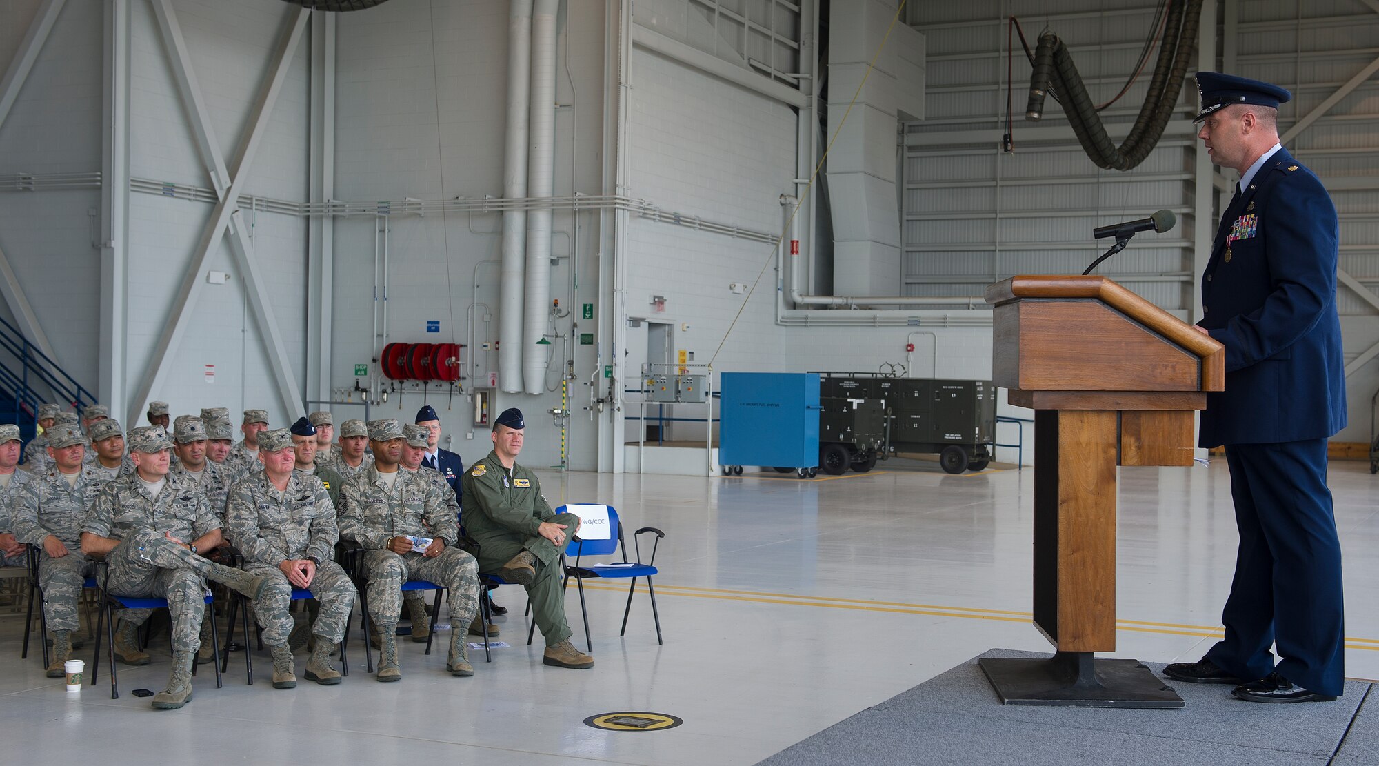 Maj. Mark A. Rardin, 15th Maintenance Operations Squadron commander, gives remarks during the 15th MOS inactivation ceremony, at Joint Base Pearl Harbor-Hickam, Hawaii, May 23, 2013. Rardin spoke on his journey as the unit’s commander and thanked the Airmen he’s worked with during his tenure. (U.S. Air Force photo Tech. Sgt. Jerome S. Tayborn)