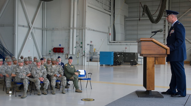 Maj. Mark A. Rardin, 15th Maintenance Operations Squadron commander, gives remarks during the 15th MOS inactivation ceremony, at Joint Base Pearl Harbor-Hickam, Hawaii, May 23, 2013. Rardin spoke on his journey as the unit’s commander and thanked the Airmen he’s worked with during his tenure. (U.S. Air Force photo Tech. Sgt. Jerome S. Tayborn)