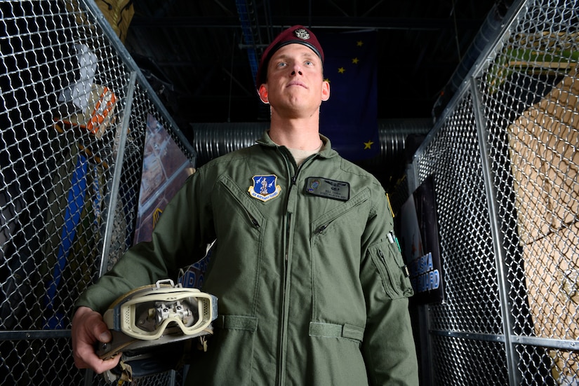 JOINT BASE ELMENDORF-RICHARDSON, Alaska -- Air Force Staff Sgt. William Cenna, 212th Rescue Squadron pararescueman, poses for a portrait May 20 at the 176th Wing Headquarters. Cenna was awarded the Silver Star and two Bronze Stars during an Alaska National Guard awards ceremony May 18. The Silver Star is the third highest decoration awarded for gallantry in action. (U.S. Air Force photo/David Bedard)