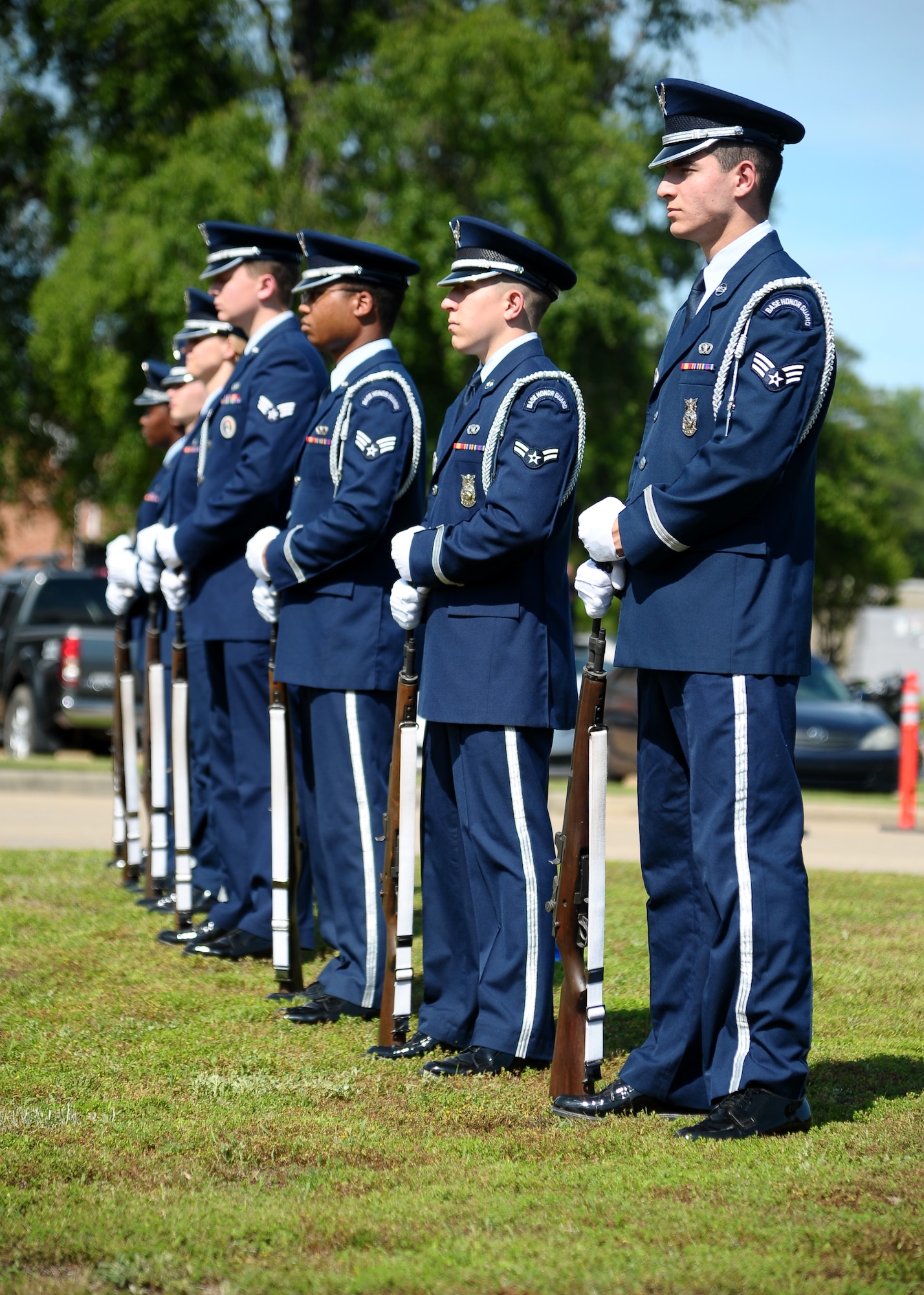 Columbus Air Force Base Honor Guard pays tribute to fallen graduates of its Specialized Undergraduate Pilot Training Program and a United States Air Force Medal of Honor recipient during a Memorial Day Retreat ceremony May 23.  The ceremony memorialized three Airmen whose names were added to the Richard “Gene” Smith Plaza walls.  (U.S. Air Force Photo/Airman 1st Class Charles Dickens)