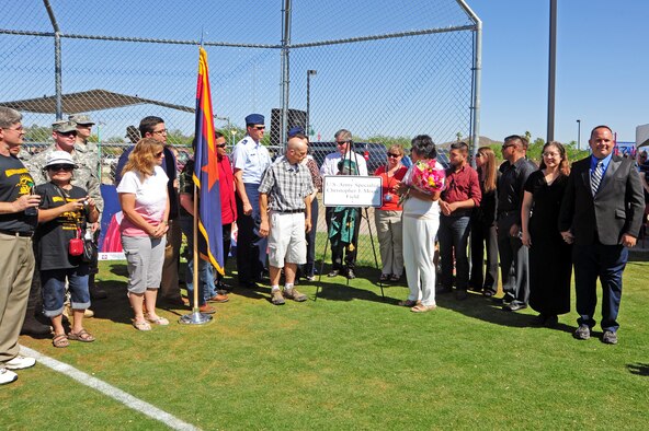 On May 20 the Midvale Park Neighborhood Association, the Tucson Unified School District, the City of Tucson, Pima County and countless friends throughout the community, dedicated the multi-use field in Grijalva Park in honor of Christopher J. Moon. The field is used by the same elementary school Christopher Moon attended as a child. (U.S. Air Force Photo by Senior Airman Camilla Griffin/released)