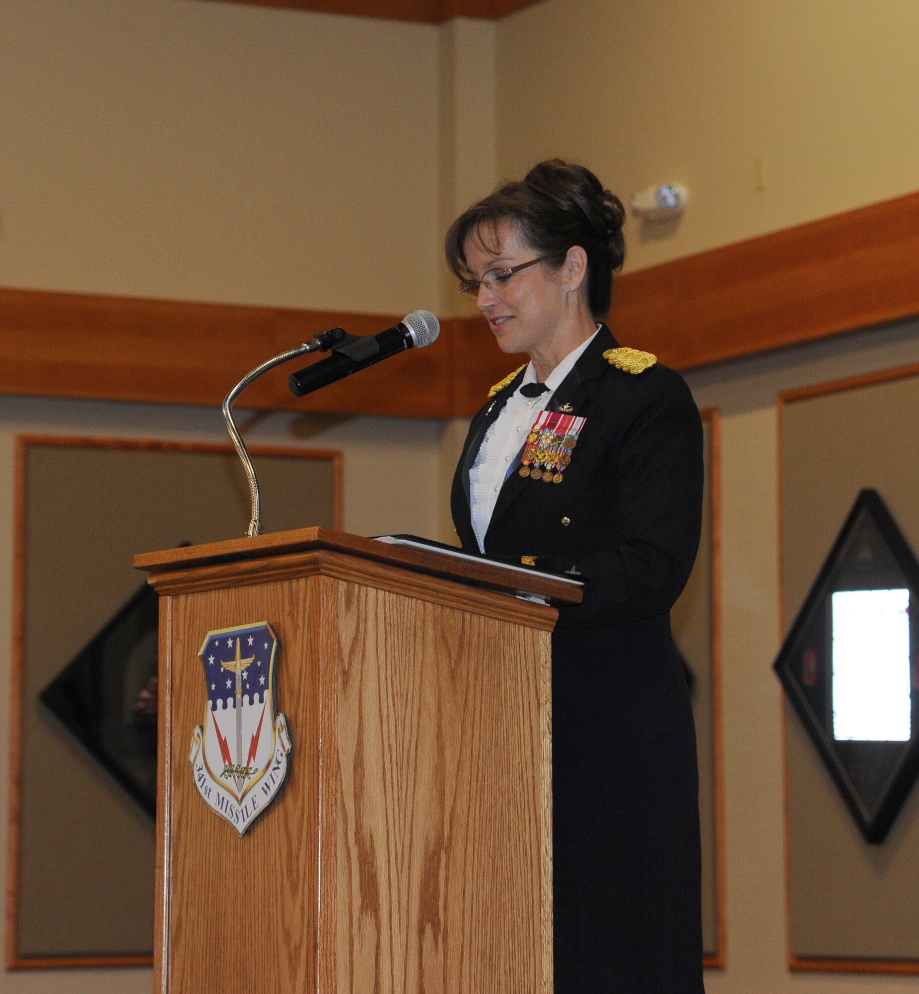 Retired Army Brig. Gen. Colleen McGuire speaks to members of Team Malmstrom during the Retiree Appreciation Dinner at the Grizzly Bend on May 18. McGuire, a native of Missoula, was Montana’s first female Army general. (U.S. Air Force photo/Airman 1st Class Katrina Heikkinen) 