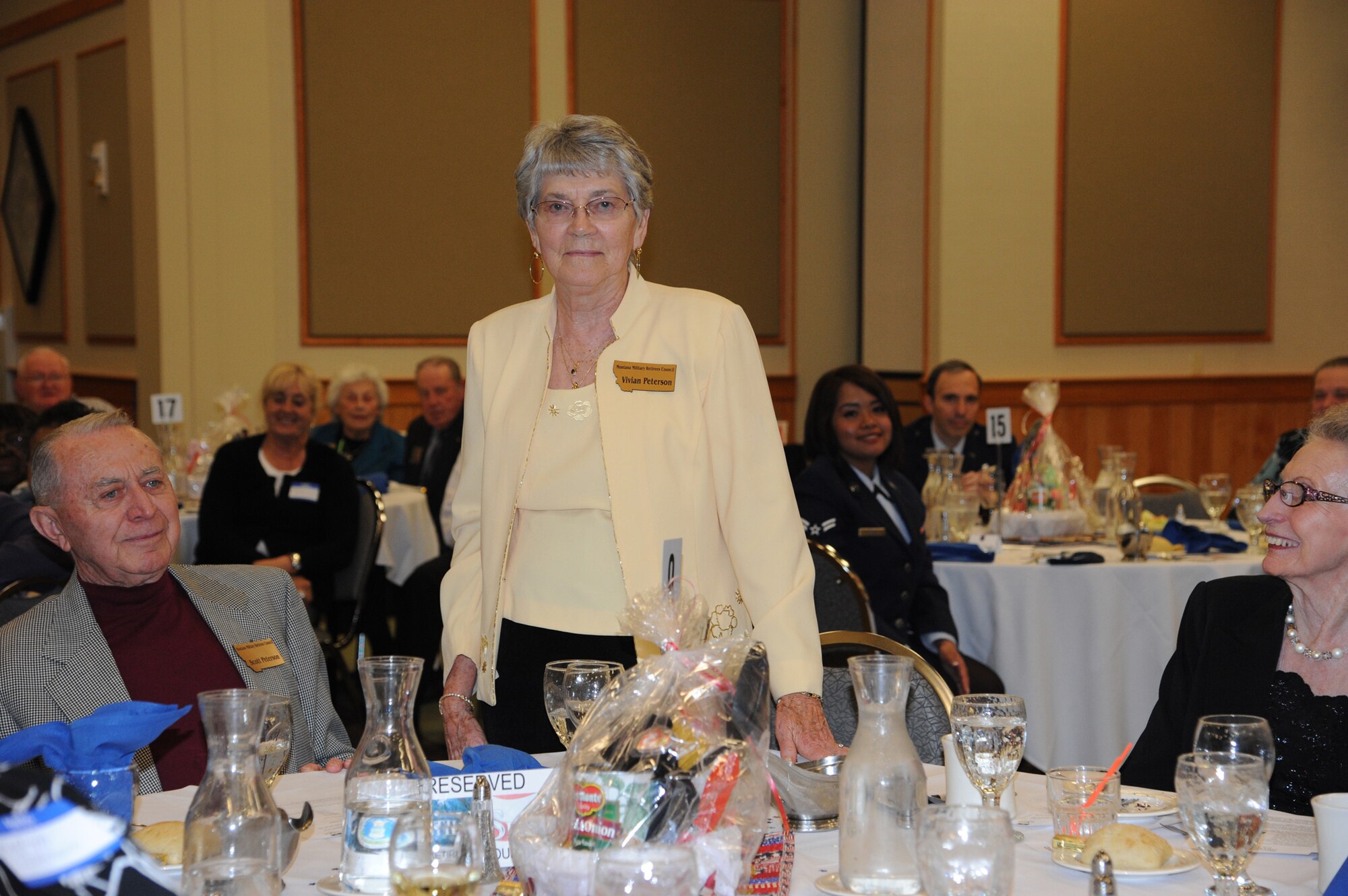 To honor the Year of Military Women, veteran Vivian Peterson was recognized during the Retiree Appreciation dinner as she enlisted in the Air Force more than 60 years ago. Other women recognized were veteran Rose Maflin, Col. Marné Deranger, 341st Missile Wing vice commander, and Major Ingrid Ford, 341st Medical Group health care integrator. (U.S. Air Force photo/Airman 1st Class Katrina Heikkinen)