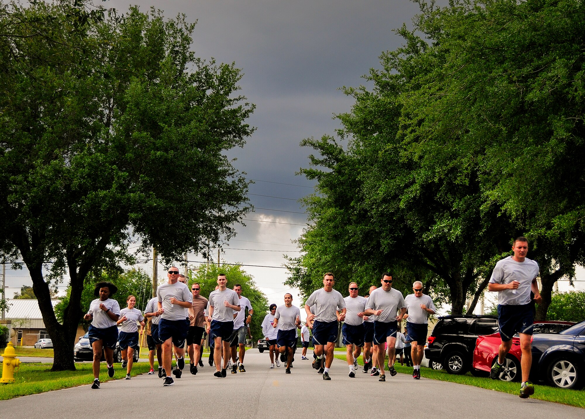 Almost 50 Airmen ran out for the 5K race at Duke Field, Fla.  Also part of the run were stations that Airmen had to stop at and perform calisthenics.  (U.S. Air Force photo/Tech. Sgt. Samuel King Jr.)