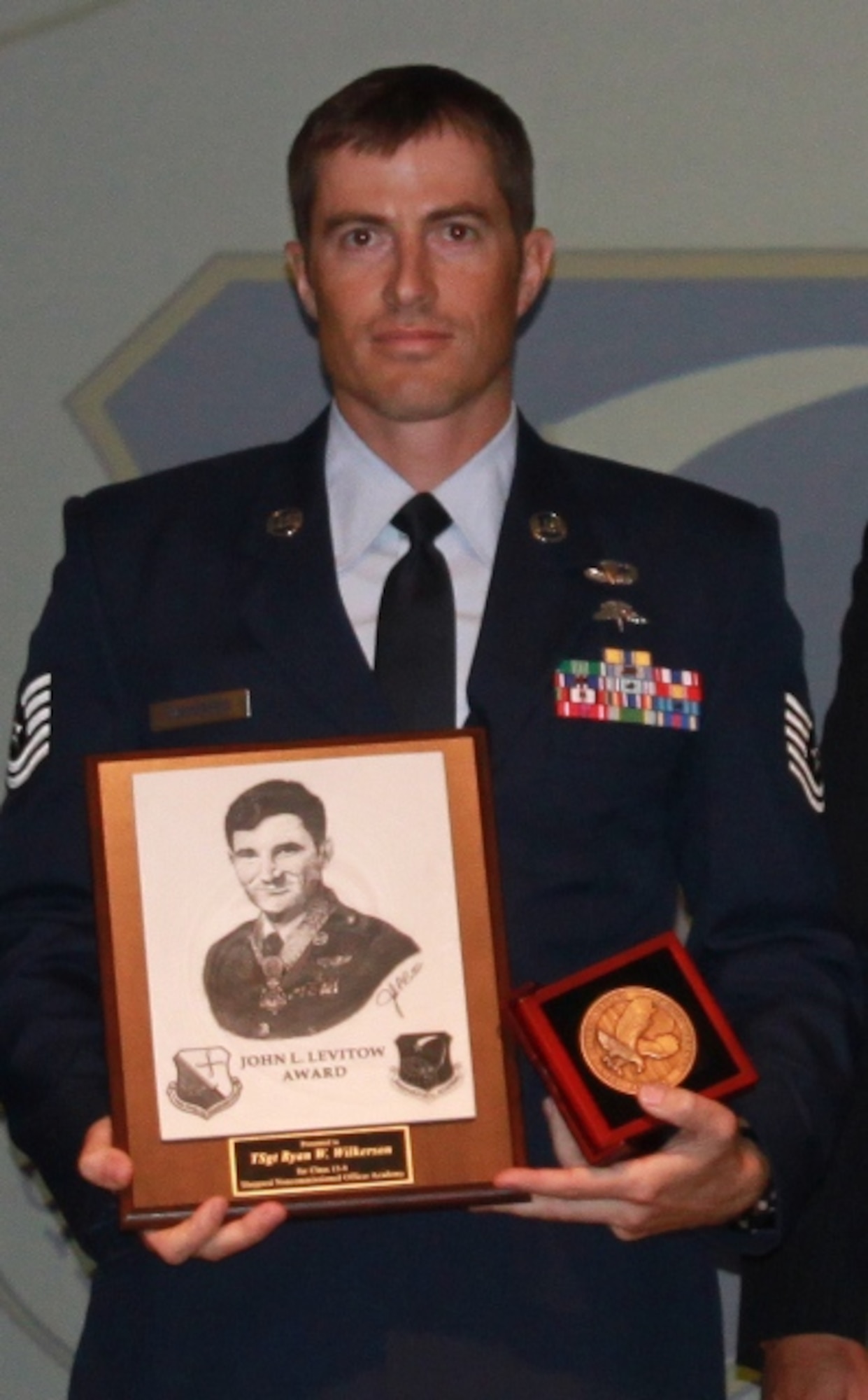 Tech. Sgt. Ryan Wilkerson was named the John L. Levitow award winner as the top graduate for NCO Academy Class 13-04 during graduation at Sheppard Air Force Base, Texas, May 23, 2013. Wilkerson is from the 414th Combat Training Squadron at Nellis Air Force Base, Nev. (U.S. Air Force courtesy photo) 

