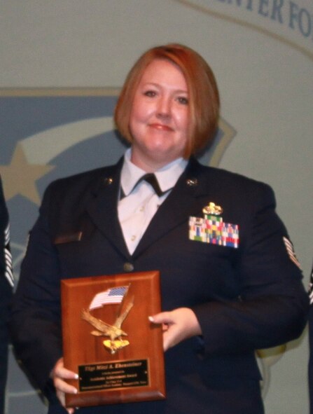 Tech. Sgt. Mitzi A. Ebensteiner of the 56th Logistics Readiness Squadron at Luke Air Force Base, Ariz., was named the Academic Achievement award winner for NCO Academy Class 13-04 during graduation at Sheppard Air Force Base, Texas, May 23, 2013.  Ebensteiner also garnered a distinguished graduate award during the ceremony. (U.S. Air Force courtesy photo) 

