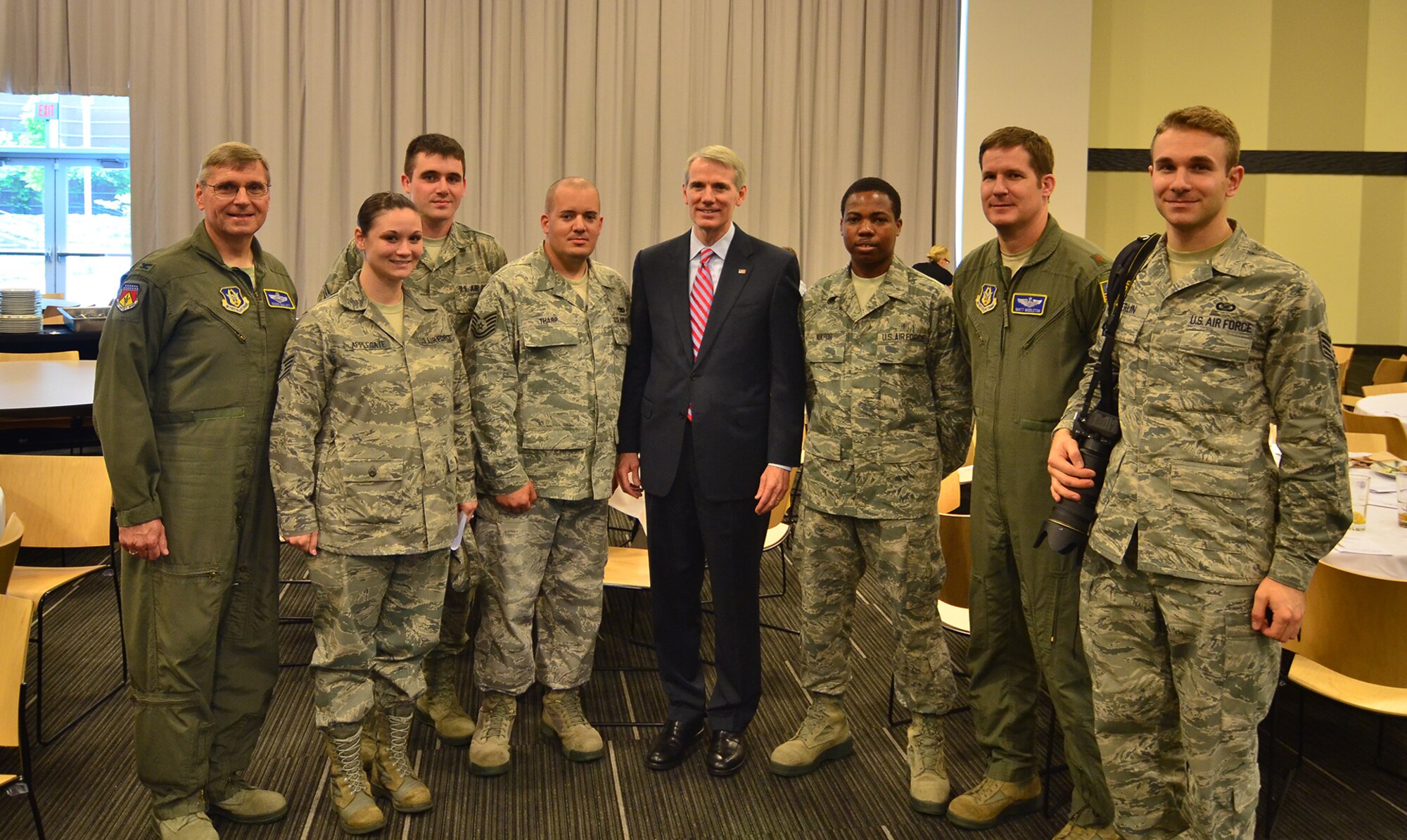 WRIGHT-PATTERSON AIR FORCE BASE, Ohio - Seven 445th Airlift Wing reservists attended the 32nd Annual Springfield-Clark County Armed Forces Day luncheon May 20 at the Hollenbeck Bayley Creative Arts and Conference Center in Springfield, Ohio. After the luncheon, the reservists met with Sen. Rob Portman, R-Ohio, who served as the guest speaker for the event. (Courtesy photo)
