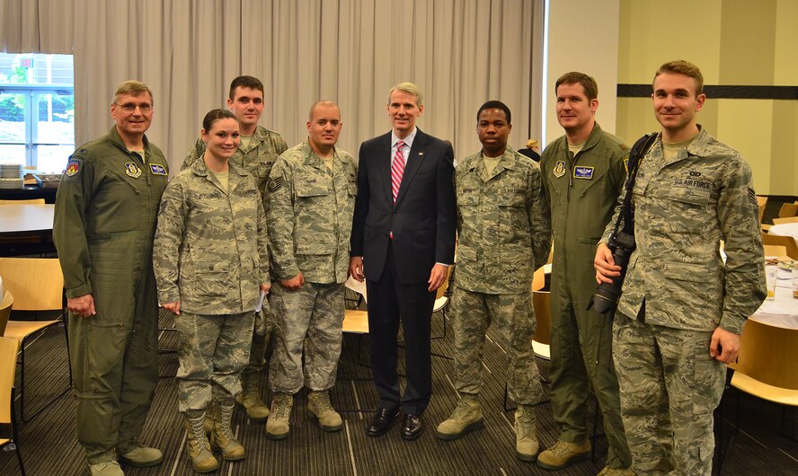 WRIGHT-PATTERSON AIR FORCE BASE, Ohio - Seven 445th Airlift Wing reservists attended the 32nd Annual Springfield-Clark County Armed Forces Day luncheon May 20 at the Hollenbeck Bayley Creative Arts and Conference Center in Springfield, Ohio. After the luncheon, the reservists met with Sen. Rob Portman, R-Ohio, who served as the guest speaker for the event. (Courtesy photo)