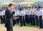 Under Secretary of the Air Force Eric Fanning gives the oath of office to Airmen graduatiing Air Force Basic Military Training May 17, 2013, at Joint Base San Antonio-Lackland,Texas. Fanning visited with members of Joint Base San Antonio May 16 and 17 with stops at Randolph, Lackland, and Fort Sam Houston as part of his first base visit as under secretary.  (U.S. Air Force photo by Benjamin Faske) 