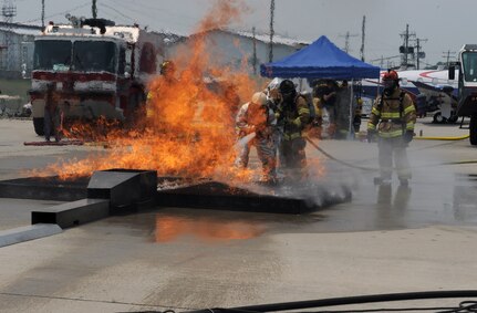 Firefighters from Central America, team-up with firefighters from the 612th Air Base Squadron to practice extinguishing a simulated fuel fire during a four day Central American Sharing Mutual Operational Knowledge and Experiences exercise, May 6-9. The four-day training exercise CENTAM SMOKE involved firefighters from Guatemala, Panama, Honduras, Nicaragua and El Salvador, allowed the firefighters a chance to train together and help build the partnerships with Joint Task Force-Bravo and the Central American countries. (DoD photo by Martin Chahin)