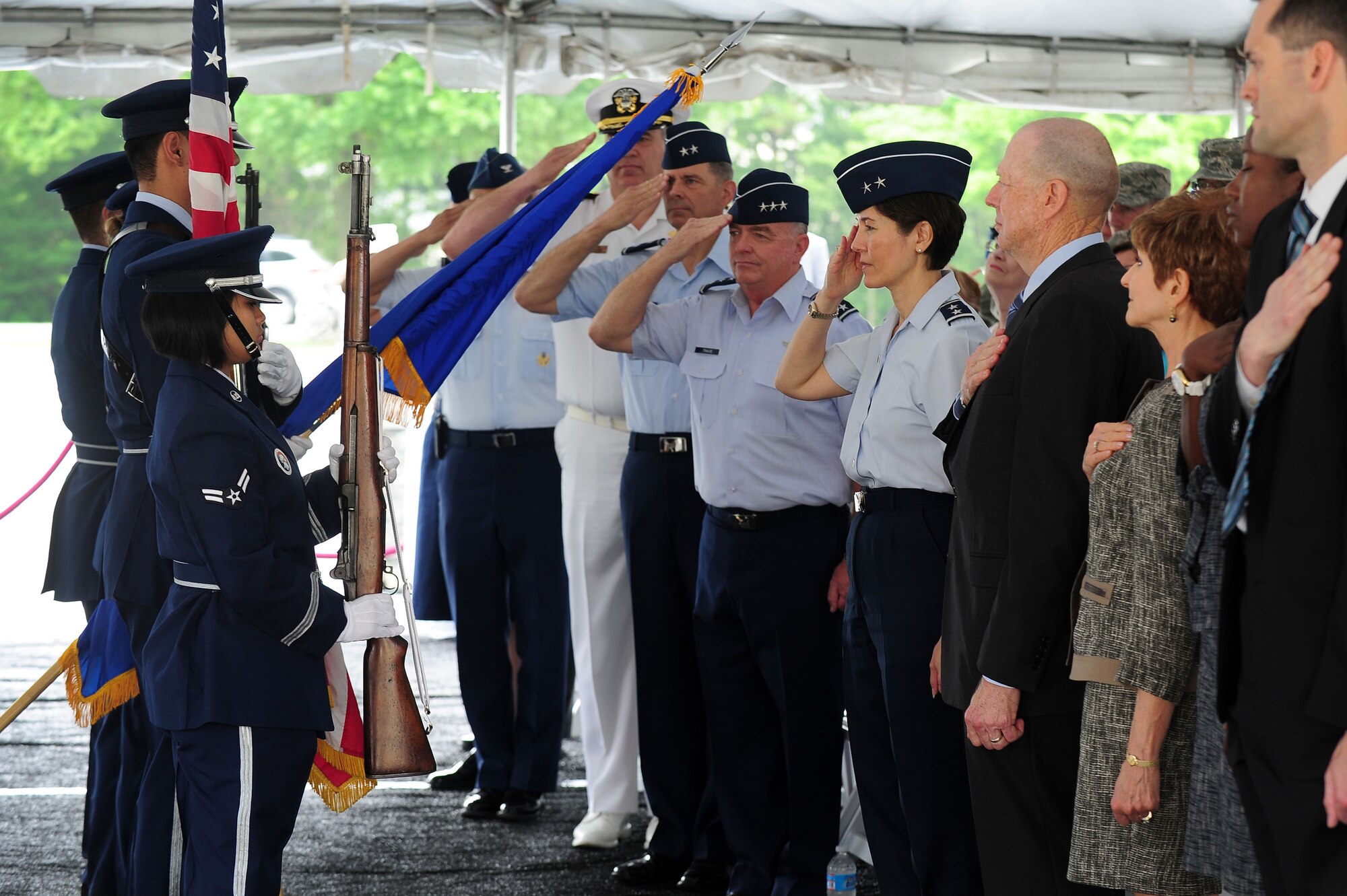 Joint Base Andrews Honor Guardsmen present the colors during a groundbreaking ceremony for the 79th Medical Wing?s new Malcolm Grow Medical Clinic and Surgery Center and Joint Base Andrews Dental Clinic, May 22, 2013, at JBA, Md. The MGMCSC will be a 345,000 square foot facility enhancing the 79th MDW?s ability to provide world-class medical services to the nation's wounded warriors and the area's service members, retirees and families who are part of the National Capital Region healthcare network. (U.S. Air Force photo by Senior Airman Steele C. G. Britton)