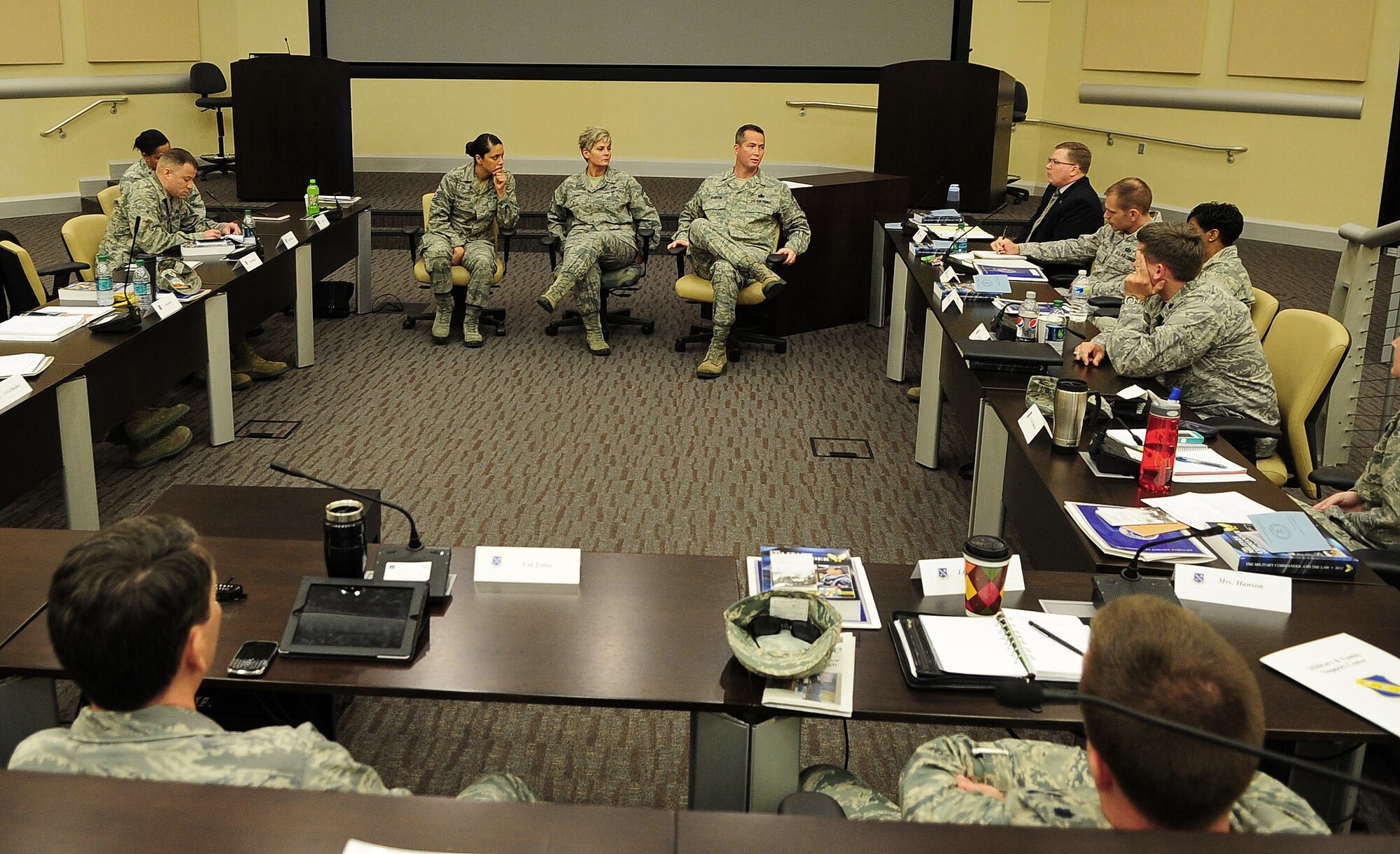 First Sergeants assigned to units at Joint Base Andrews sit down with incoming commanders to the base during the Air Force District of Washington Commanders Course May 15, 2013, at JBA, Md. The three-day course gave new commanders time to ask questions with current JBA leadership and senior NCOs and get an inside look at becoming the commander of a unit. (U.S. Air Force photo by Senior Airman Steele C. G. Britton)  
