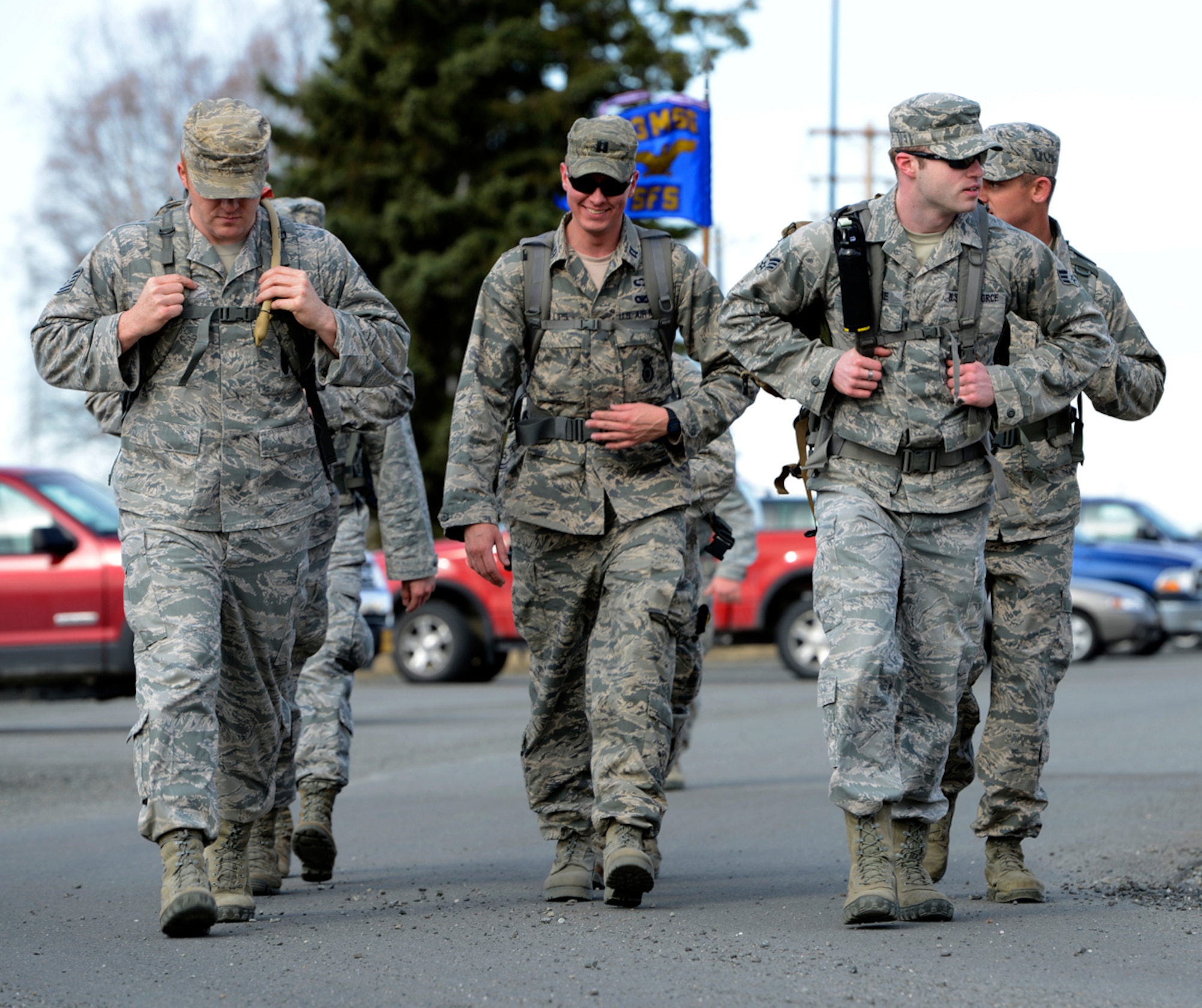 JOINT BASE ELMENDORF-RICHARDSON, Alaska-- Military members from the 673d Security Forces Squadron set out on a ruck march May 15 on Joint Base Elmendorf-Richardson. The ruck march is part of Police Week, which honors police officers, both military and civilian, who have sacrificed their lives in the line of duty. (U.S. Air Force photo/Airman 1st Class Tammie Ramsouer)