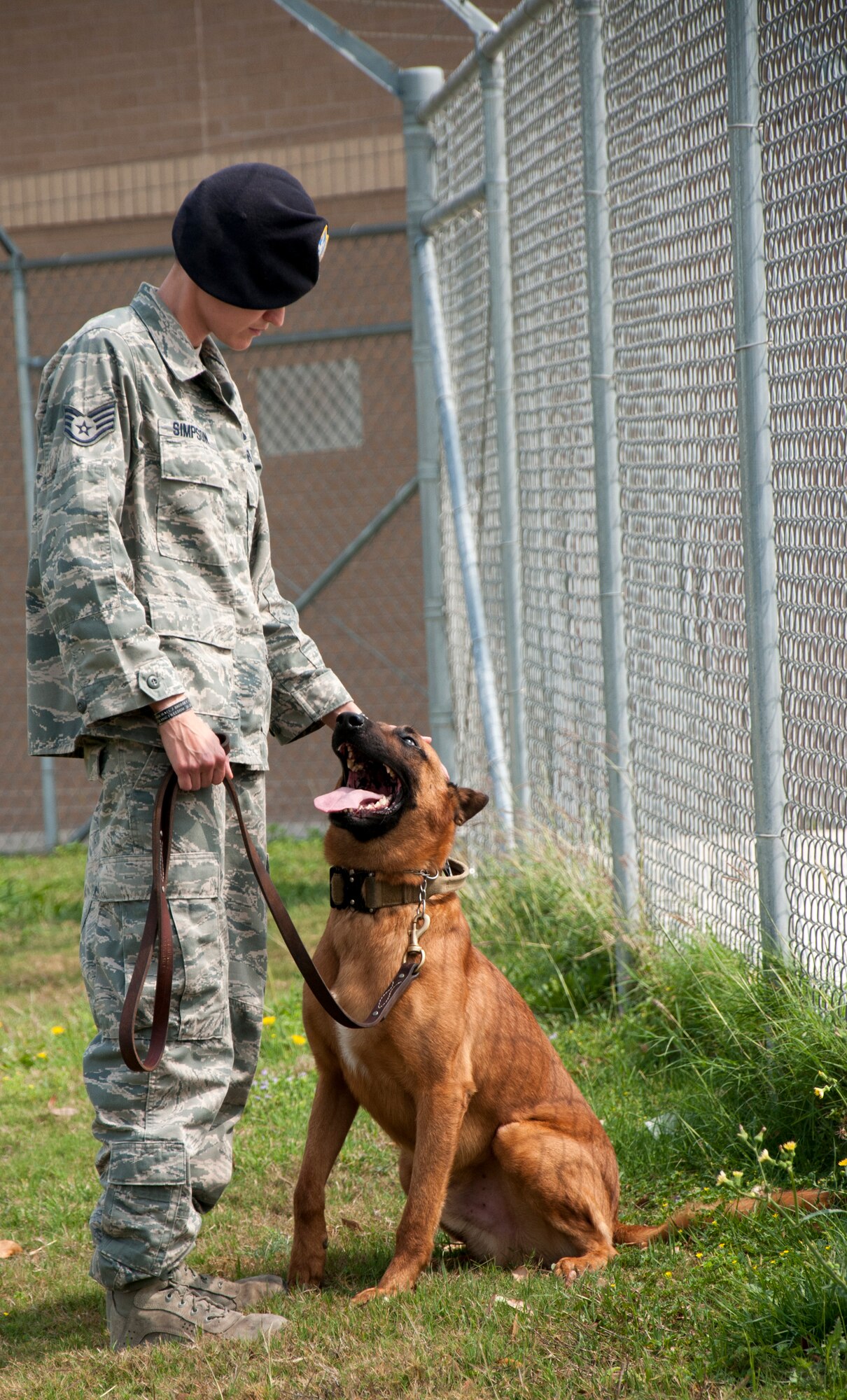 Staff Sgt. Britney Simpson, 47th Security Forces Squadron military working dog handler, pets her partner, Eewok, after running him through an obstacle course at Laughlin Air Force Base, Texas, April 17, 2013. Members of the 47th SFS dog handler unit keep a close relationship with their canine companions to promote trust and operational readiness. (U.S. Air Force photo/Airman 1st Class John D. Partlow)