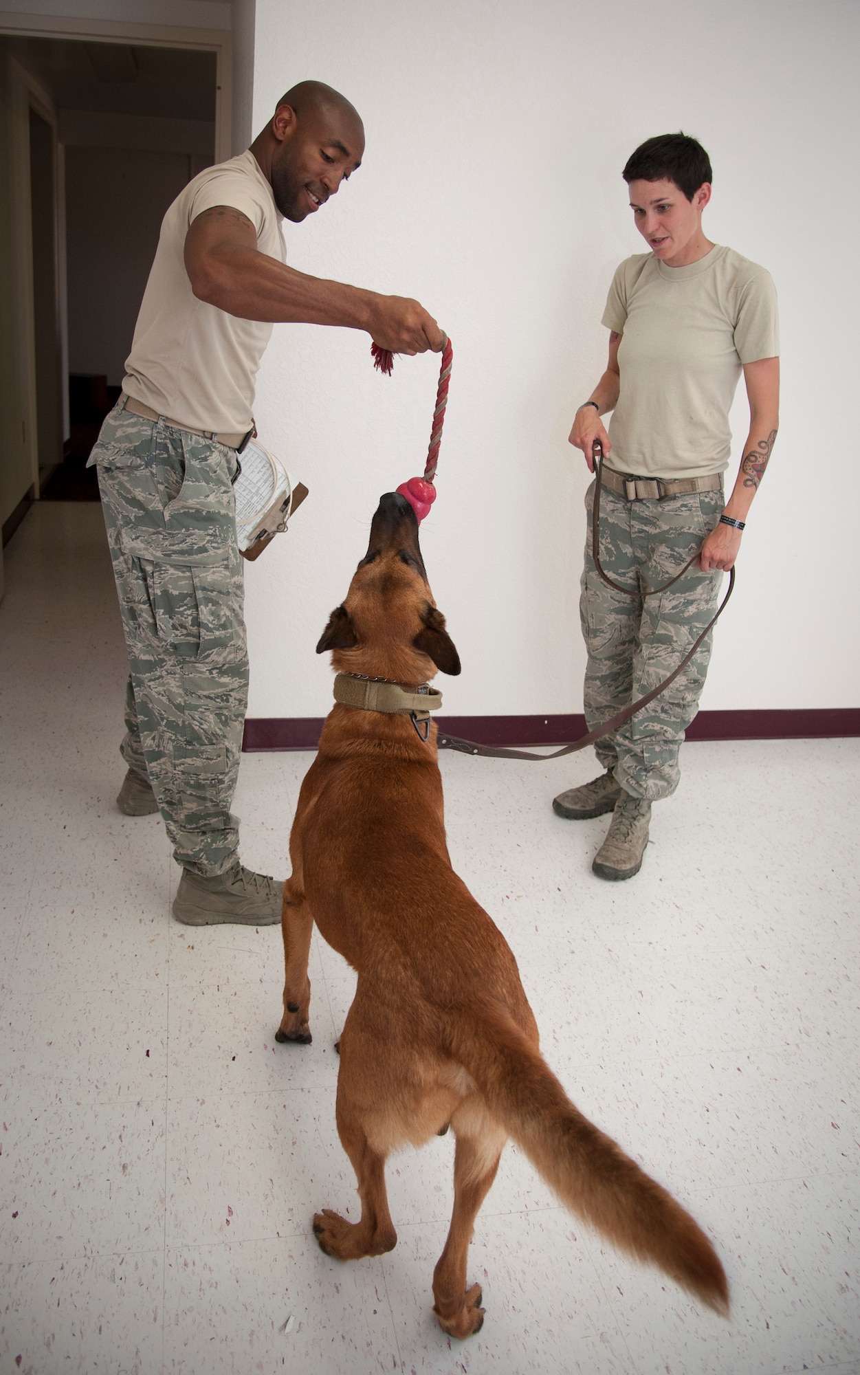 Staff Sgt. Curtis Lewis, left, and Staff Sgt. Britney Simpson, both 47th Security Forces Squadron military working dog handlers, play with Eewok, a MWD, after training at Laughlin Air Force Base, Texas, May 22, 2013. “Every dog has their very own personality,” said Simpson. “My dog, Eewok, is zany and spastic and that’s something I’ve never worked with before.” (U.S. Air Force photo/Airman 1st Class John D. Partlow)