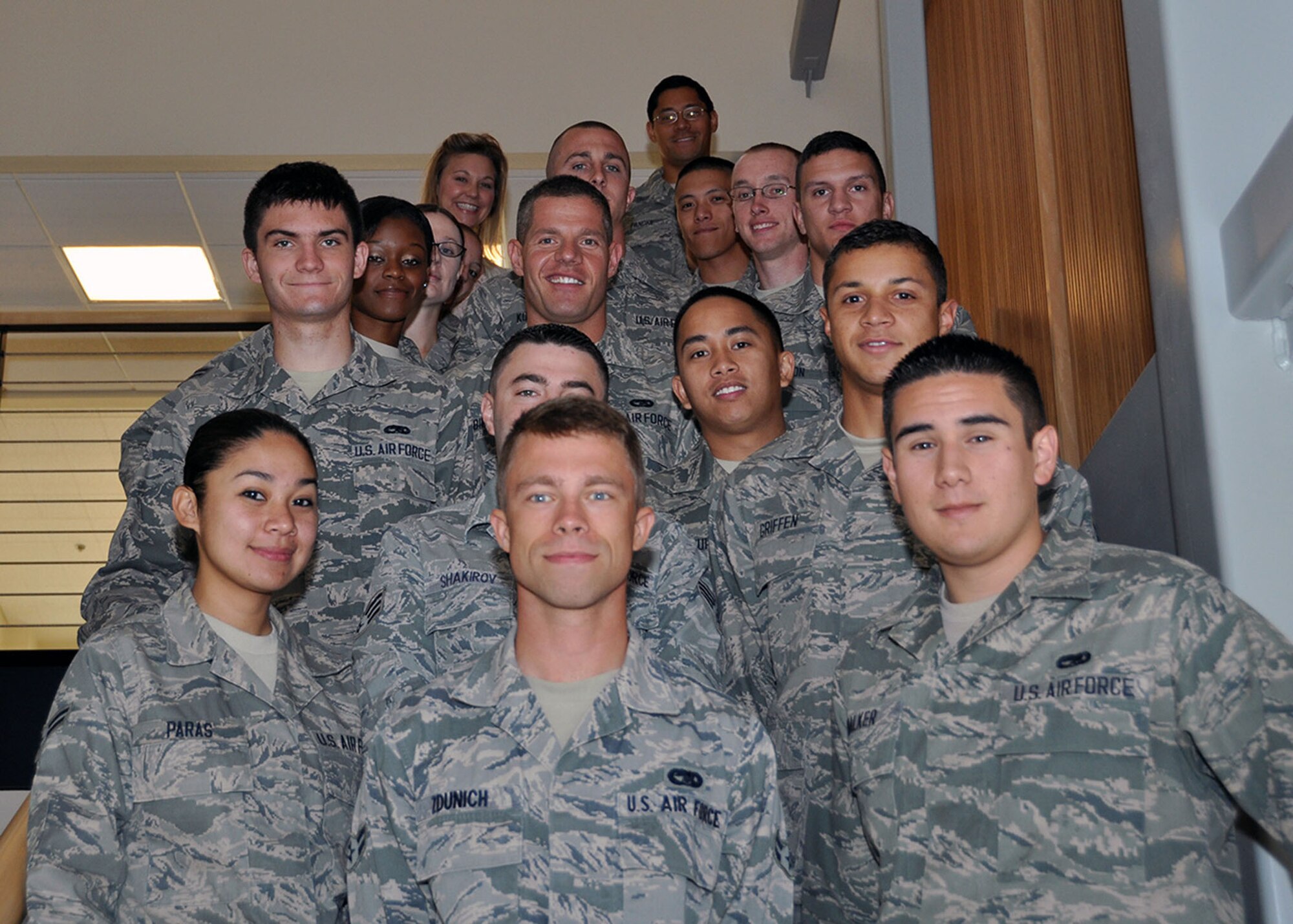 TRAVIS AIR FORCE BASE, Calif. -- The 349th Air Mobility Wing welcomed 17 new members to the wing during May’s B flight here. The majority of members are newcomers to the Reserves and are assigned as “Port DAWGS” in the  45th, 55th and 82nd Aerial Port Squadrons. (U.S. Air Force photo / Senior Master Sgt. Robert Wade)
